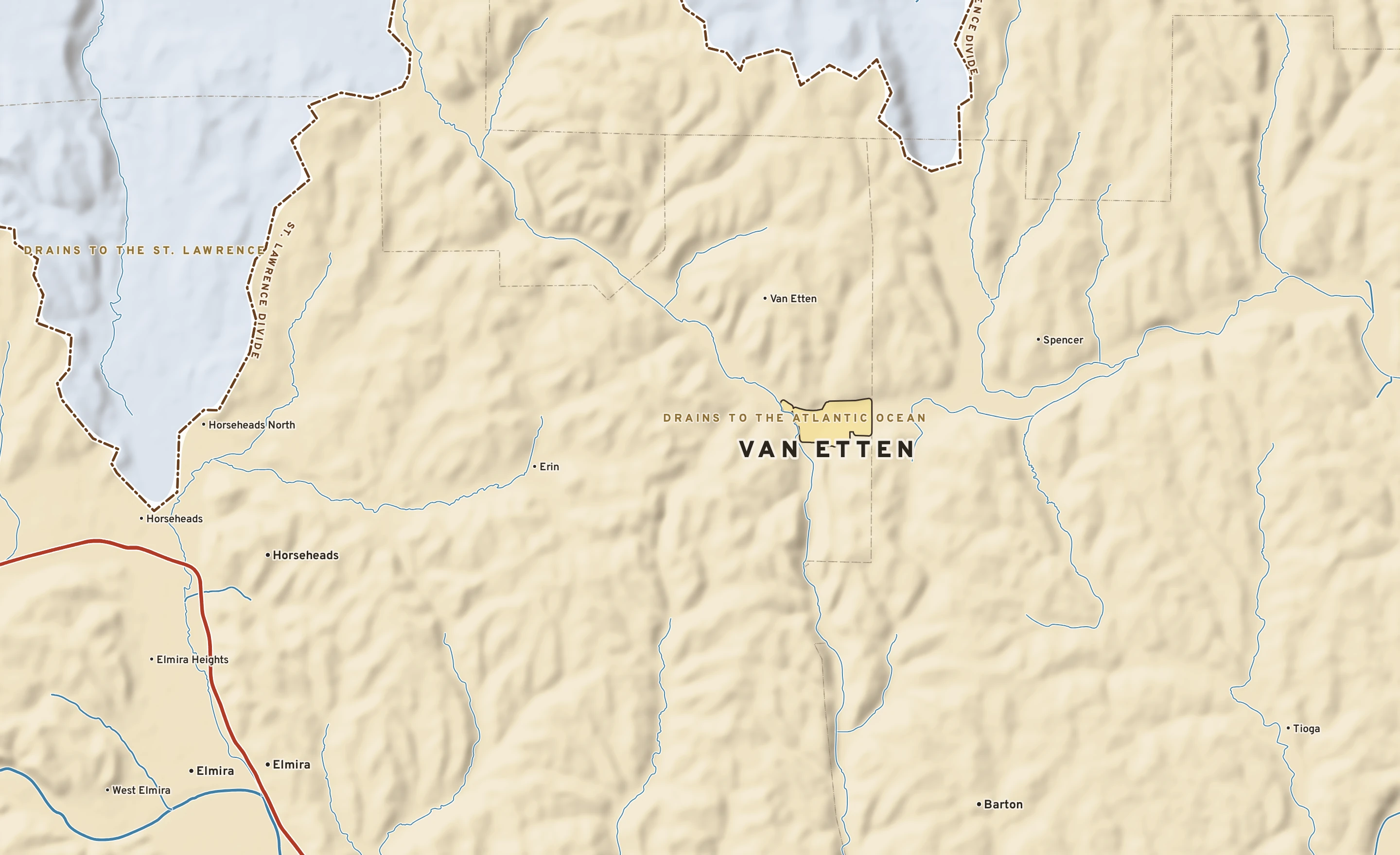 Shaded-relief atlas plate of Van Etten, New York: rivers, roads, the city limits and where the water drains.
