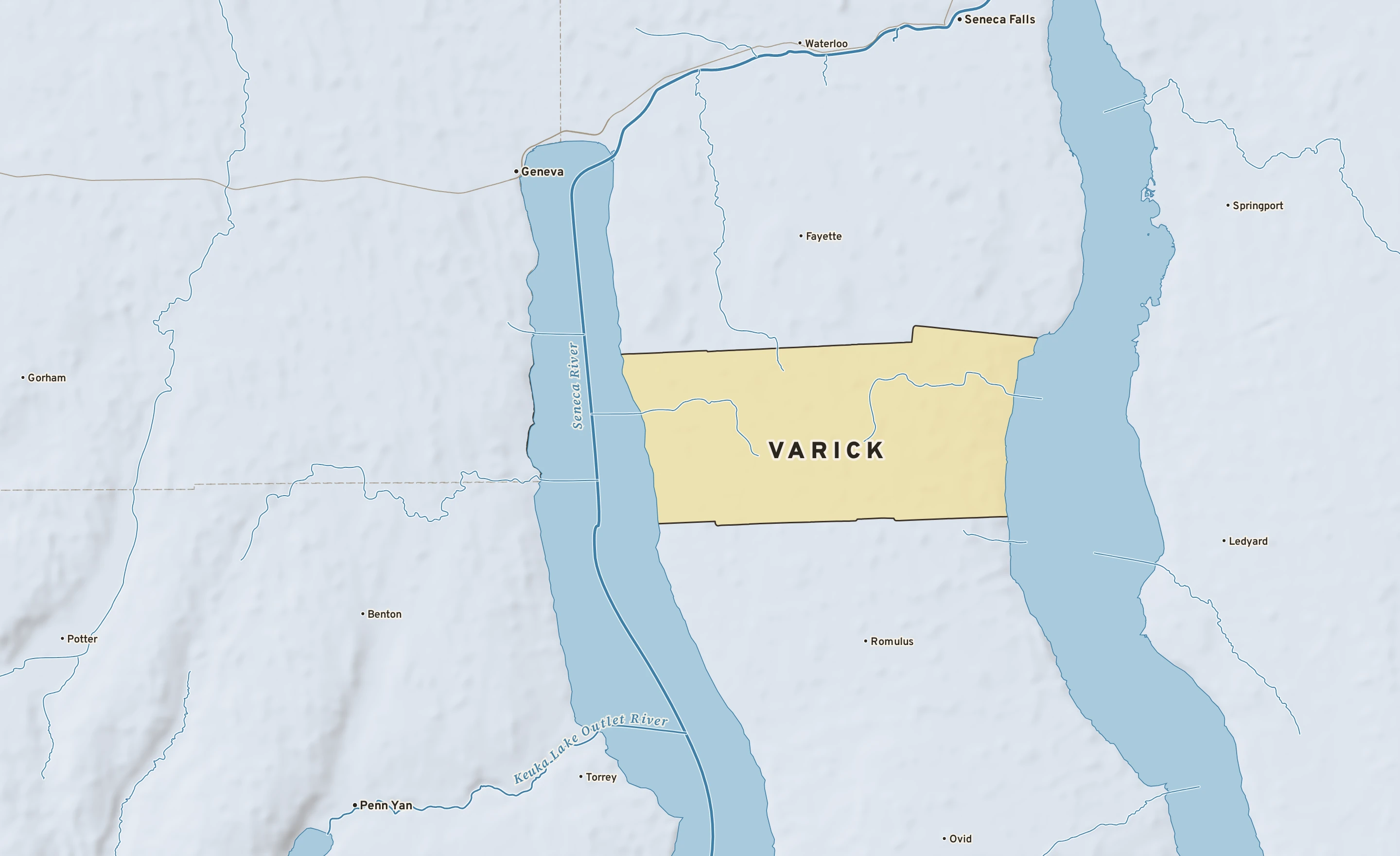Shaded-relief atlas plate of Varick, New York: rivers, roads, the city limits and where the water drains.