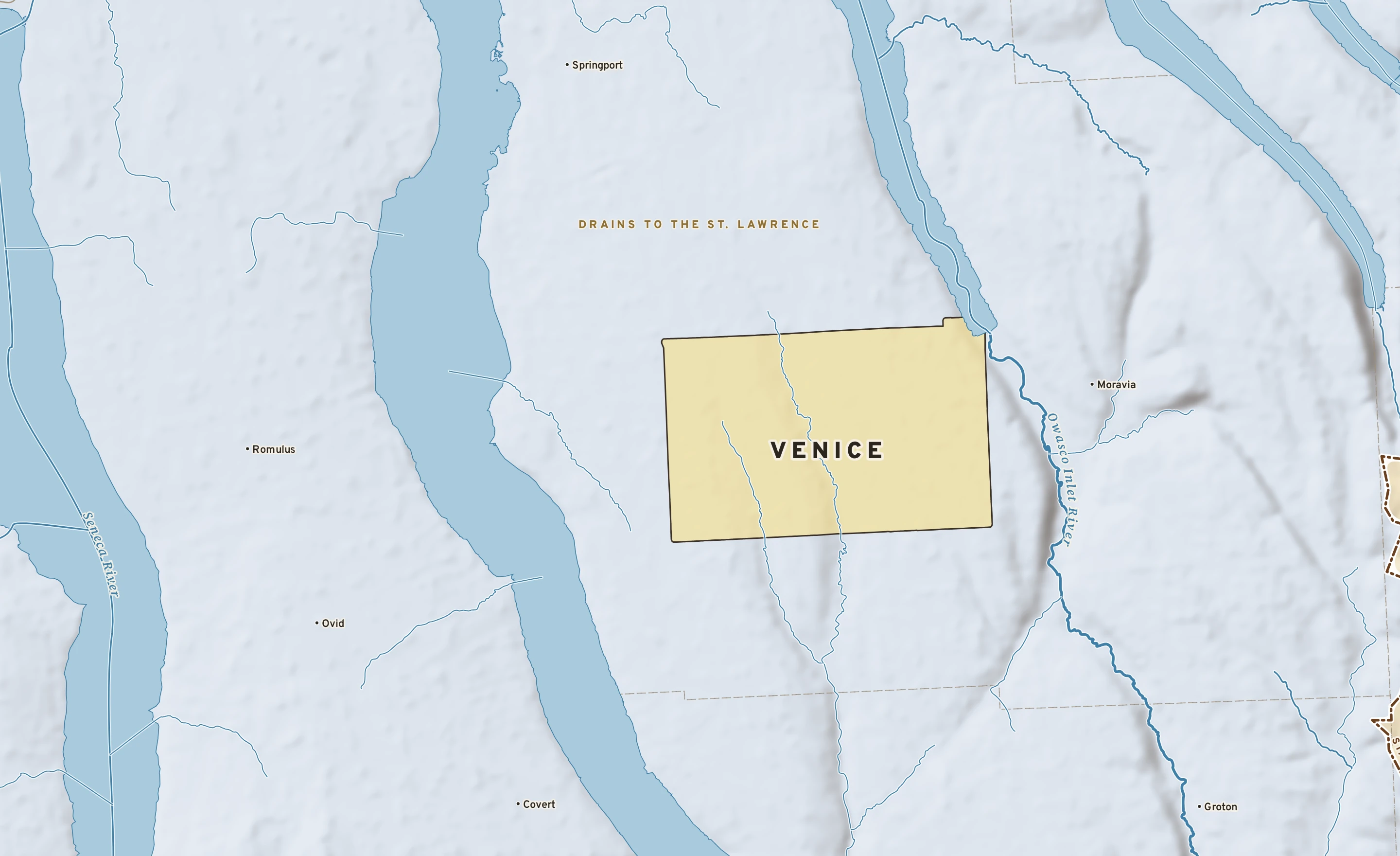 Shaded-relief atlas plate of Venice, New York: rivers, roads, the city limits and where the water drains.