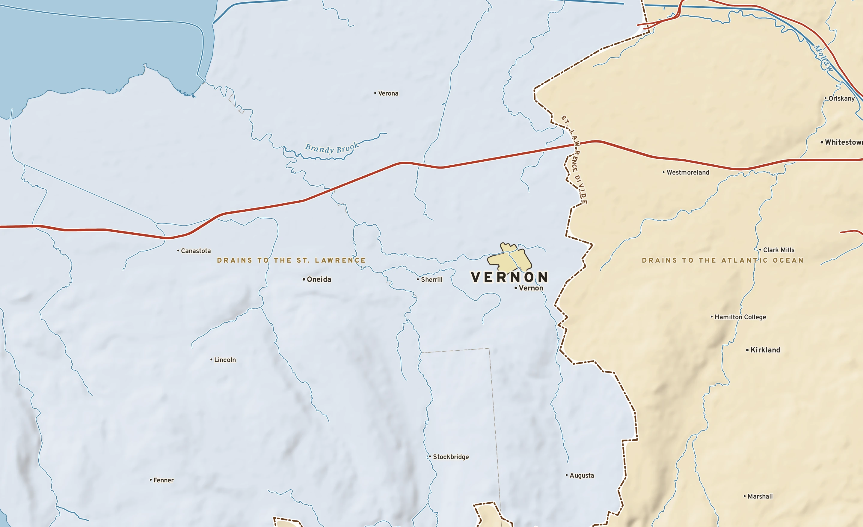 Shaded-relief atlas plate of Vernon, New York: rivers, roads, the city limits and where the water drains.