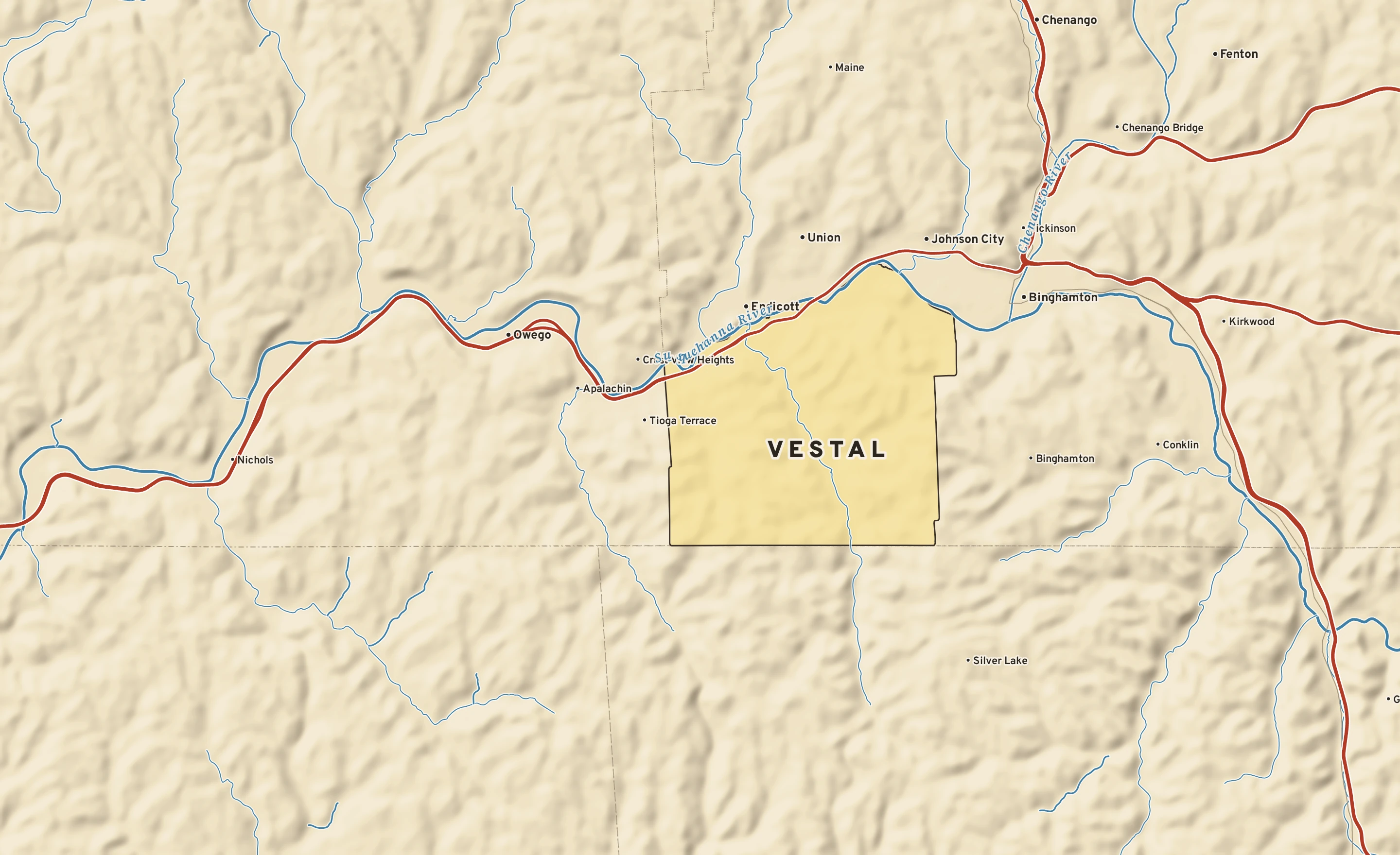 Shaded-relief atlas plate of Vestal, New York: rivers, roads, the city limits and where the water drains.