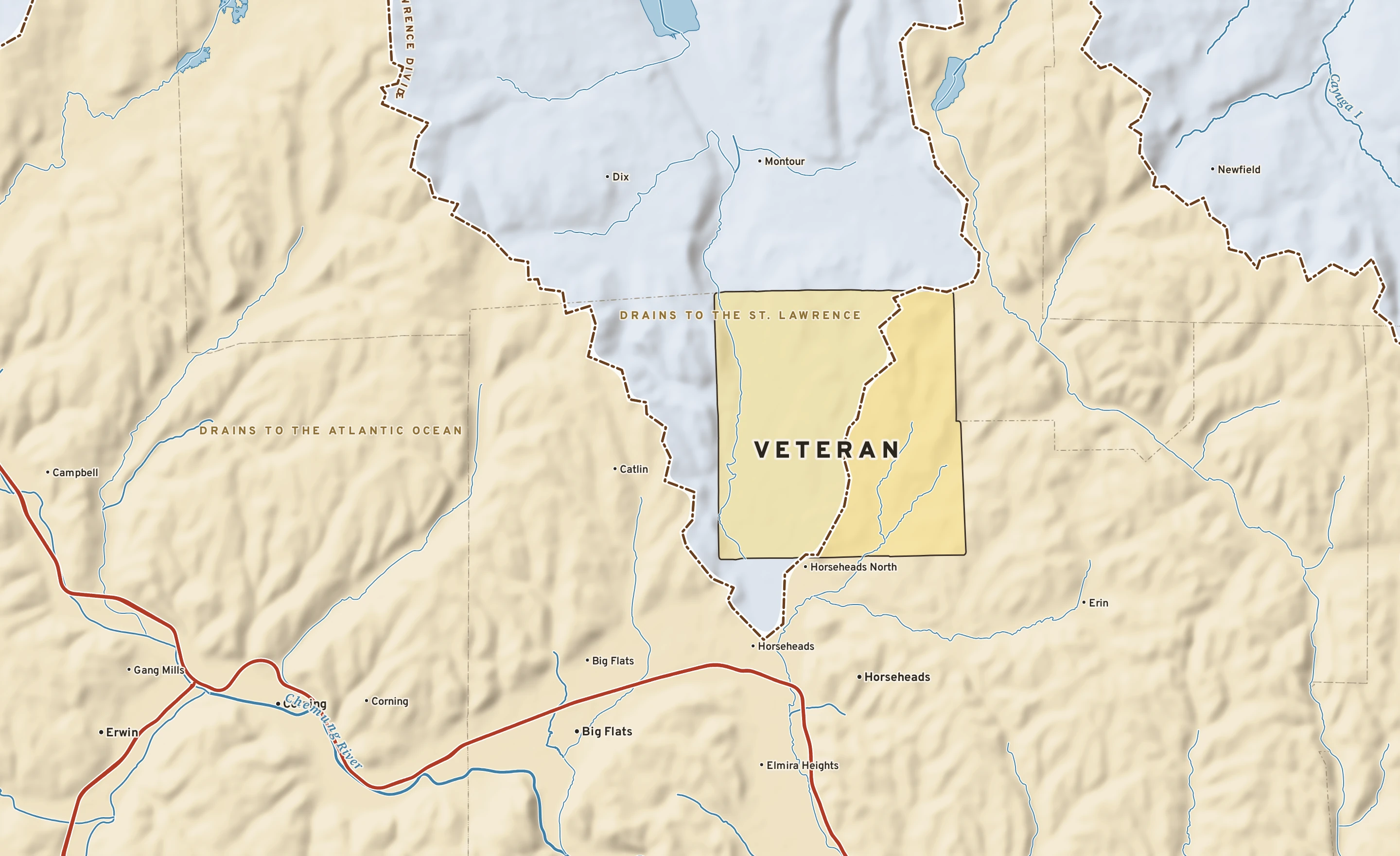 Shaded-relief atlas plate of Veteran, New York: rivers, roads, the city limits and where the water drains.
