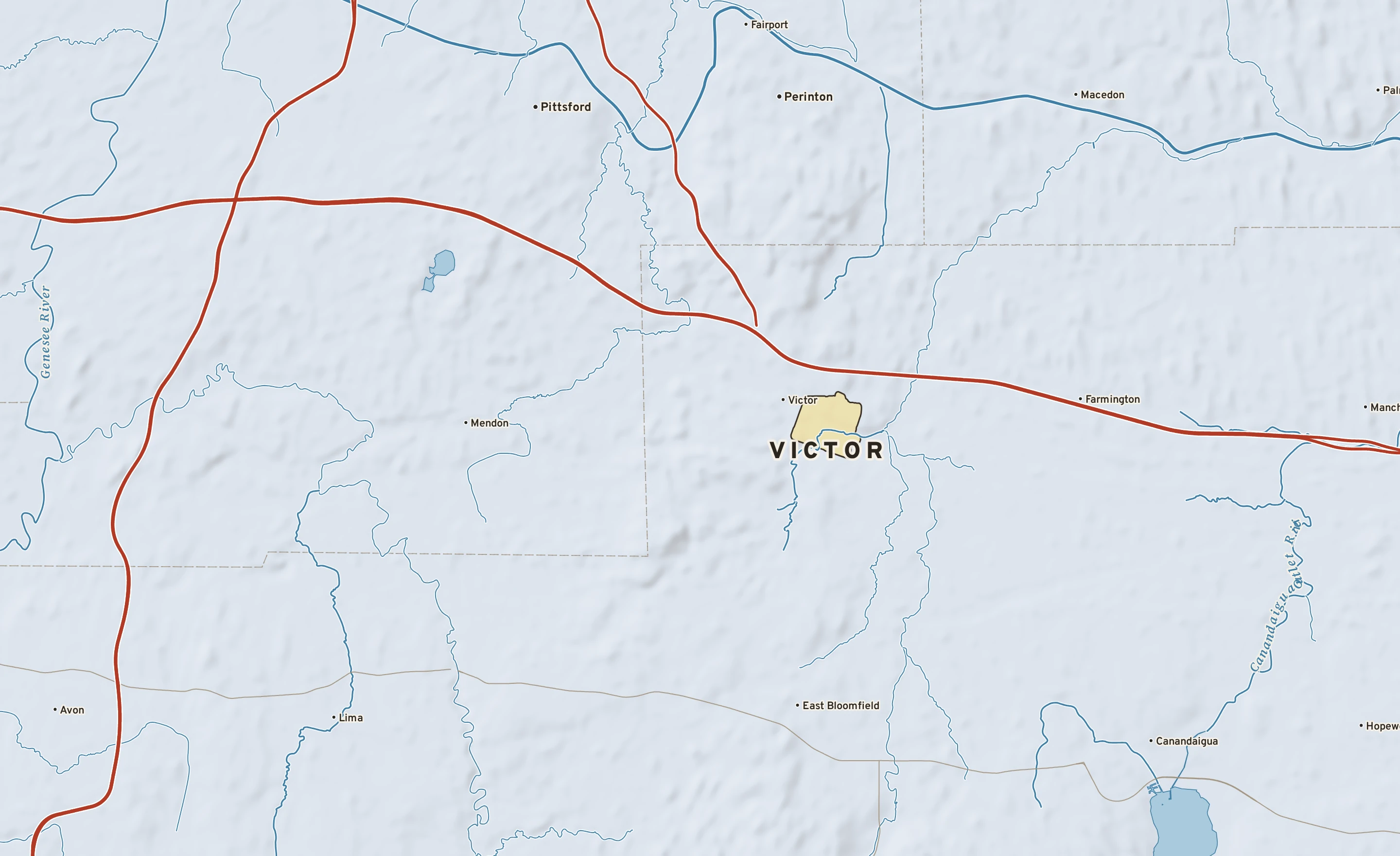 Shaded-relief atlas plate of Victor, New York: rivers, roads, the city limits and where the water drains.