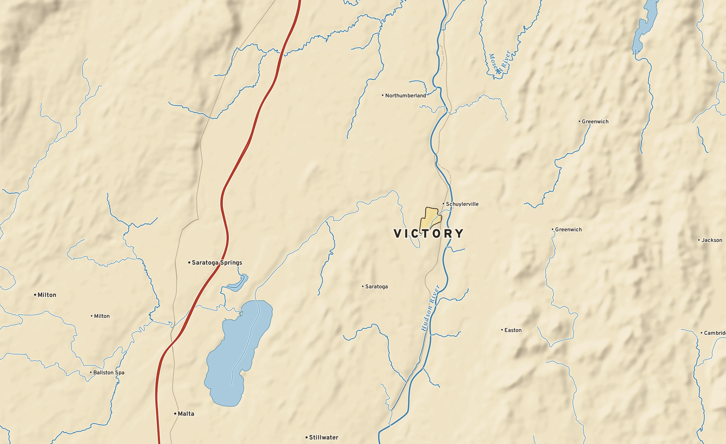 Shaded-relief atlas plate of Victory, New York: rivers, roads, the city limits and where the water drains.
