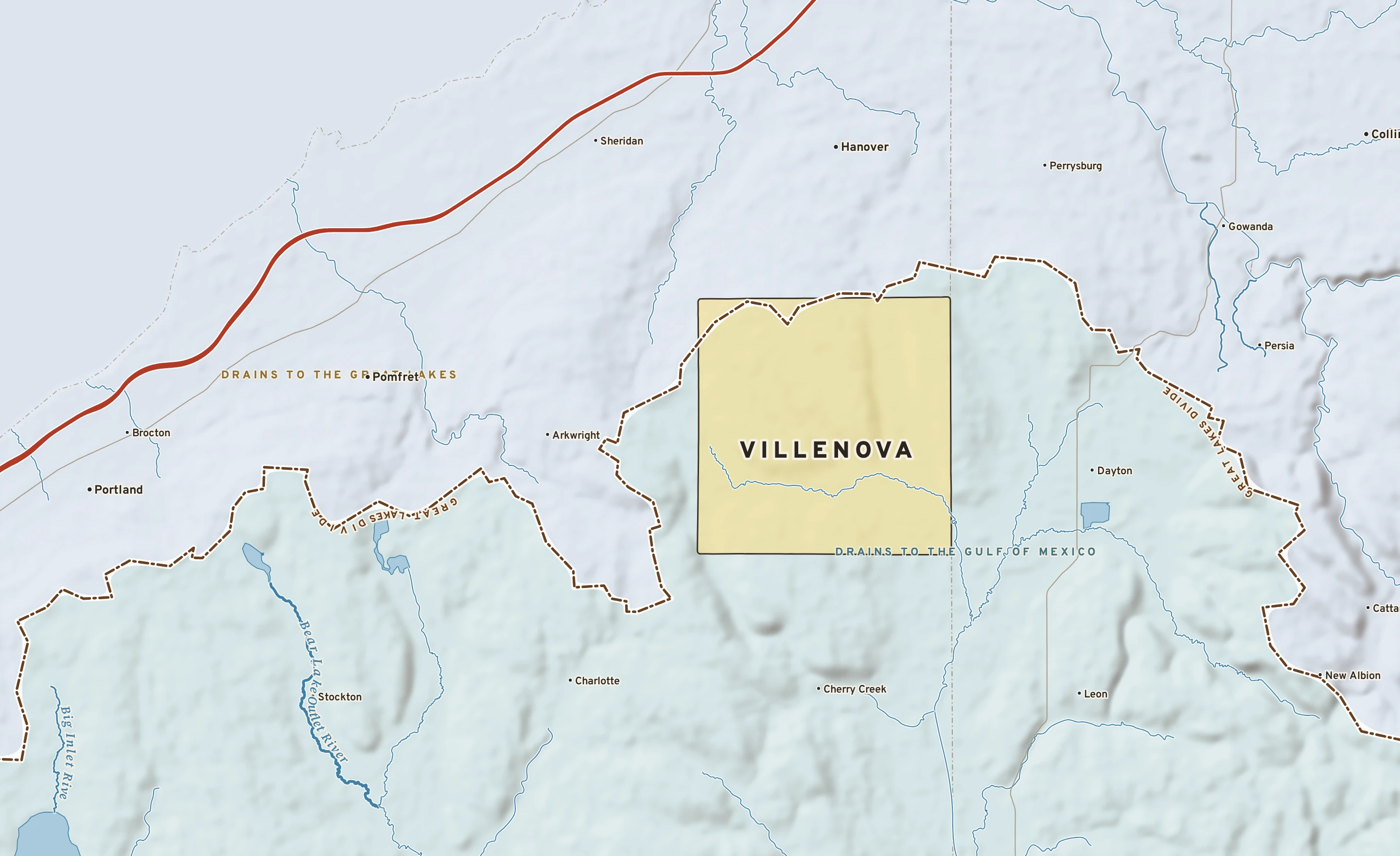 Shaded-relief atlas plate of Villenova, New York: rivers, roads, the city limits and where the water drains.