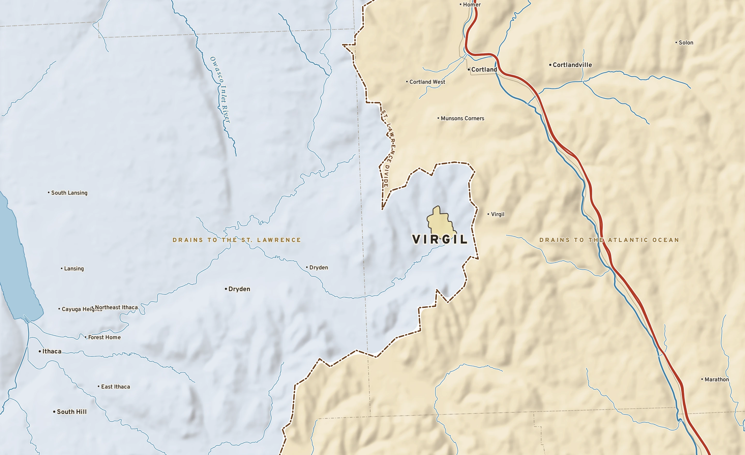 Shaded-relief atlas plate of Virgil, New York: rivers, roads, the city limits and where the water drains.
