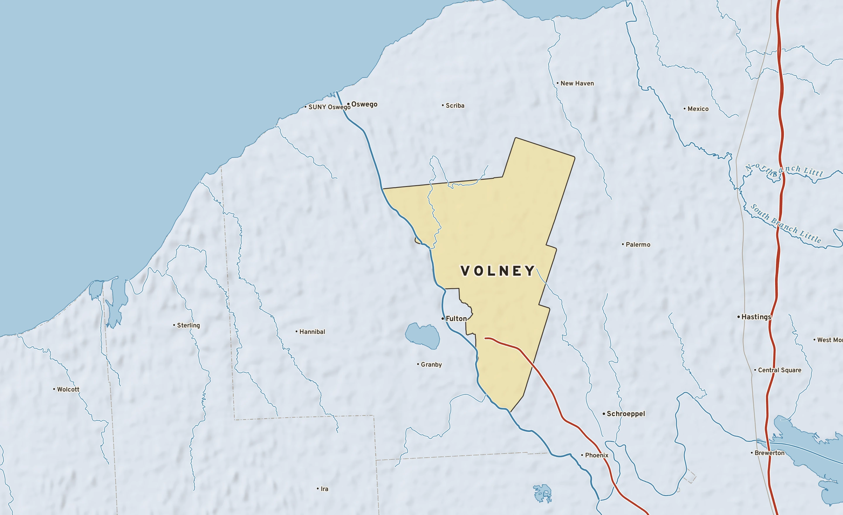 Shaded-relief atlas plate of Volney, New York: rivers, roads, the city limits and where the water drains.