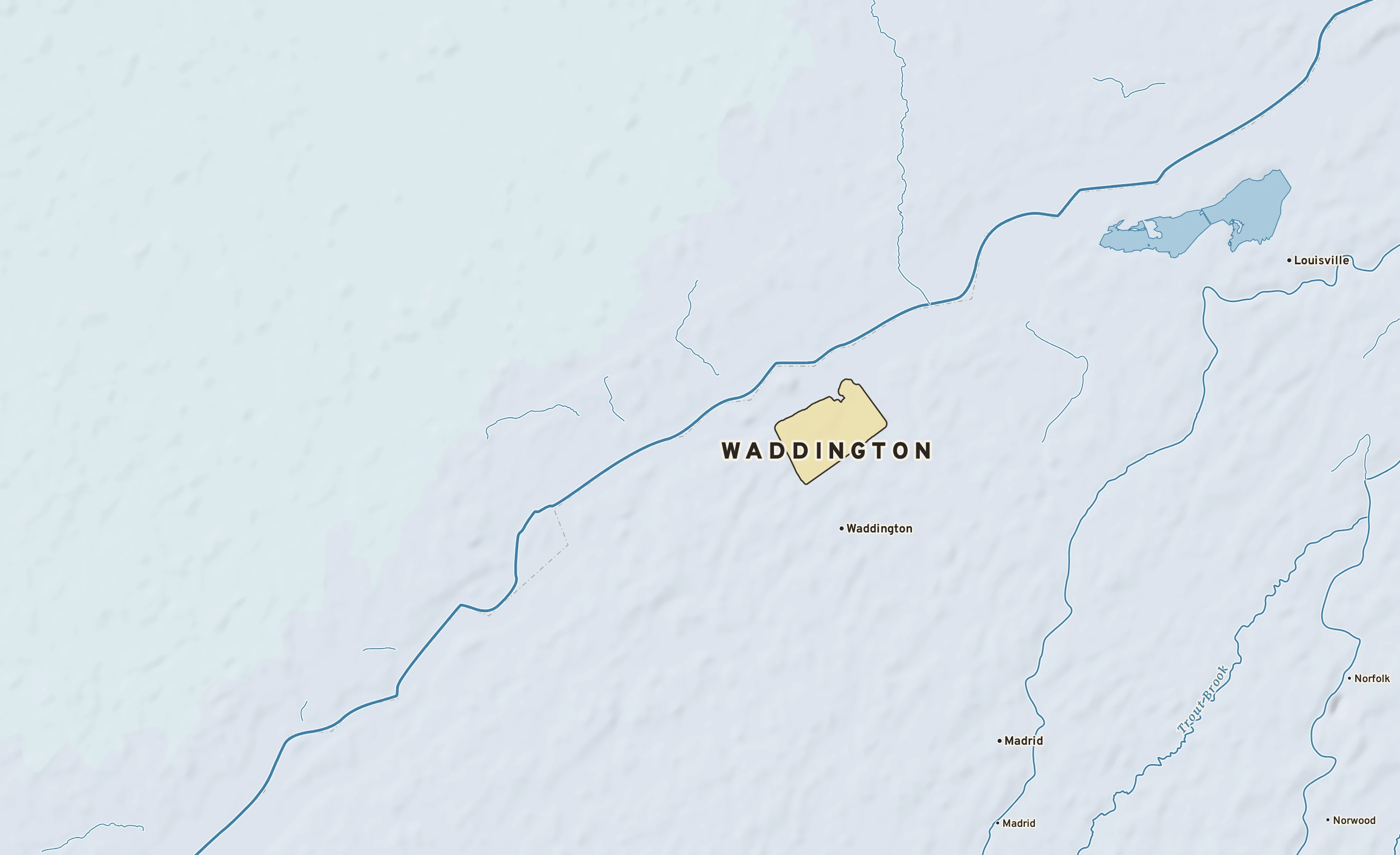 Shaded-relief atlas plate of Waddington, New York: rivers, roads, the city limits and where the water drains.