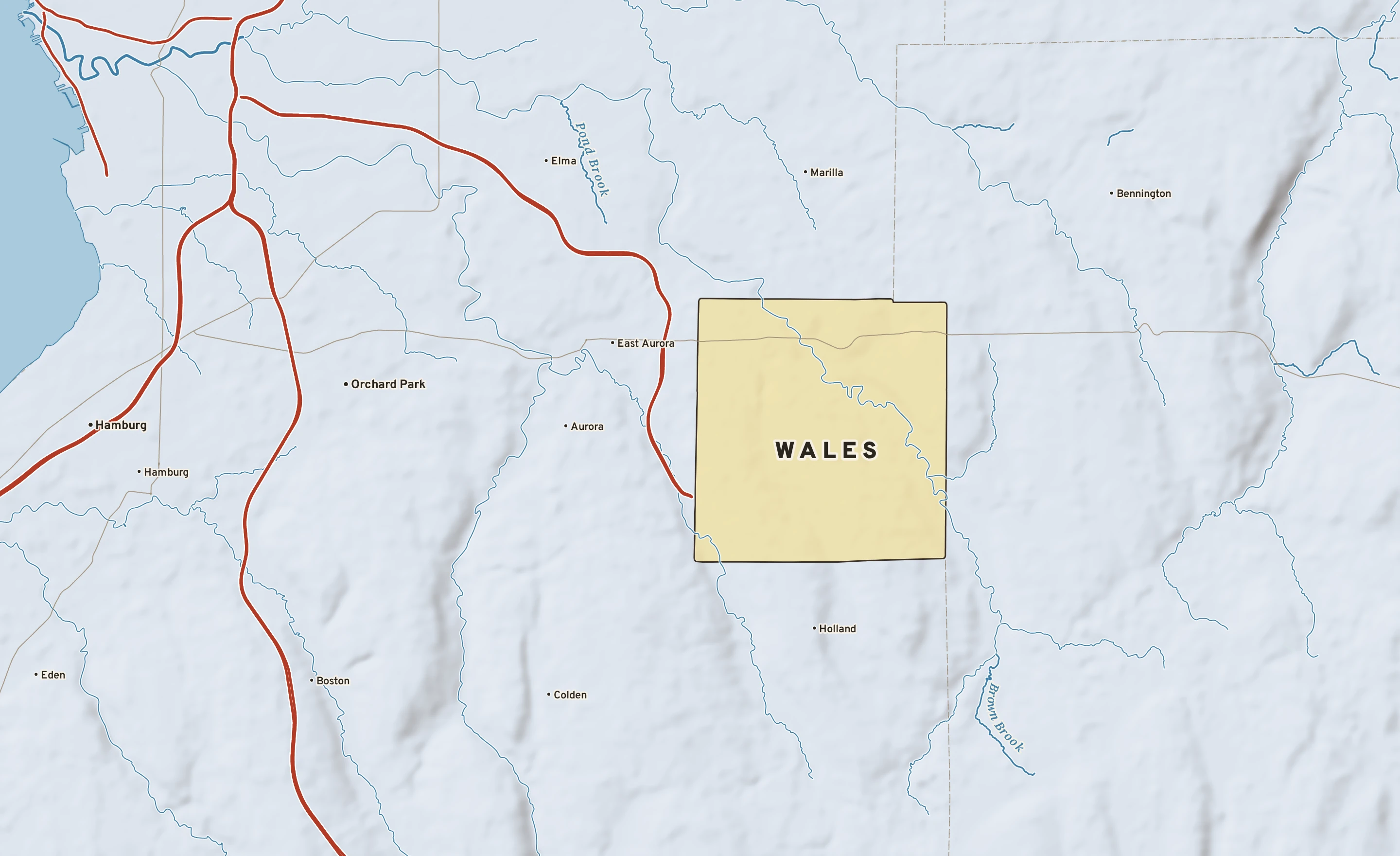 Shaded-relief atlas plate of Wales, New York: rivers, roads, the city limits and where the water drains.