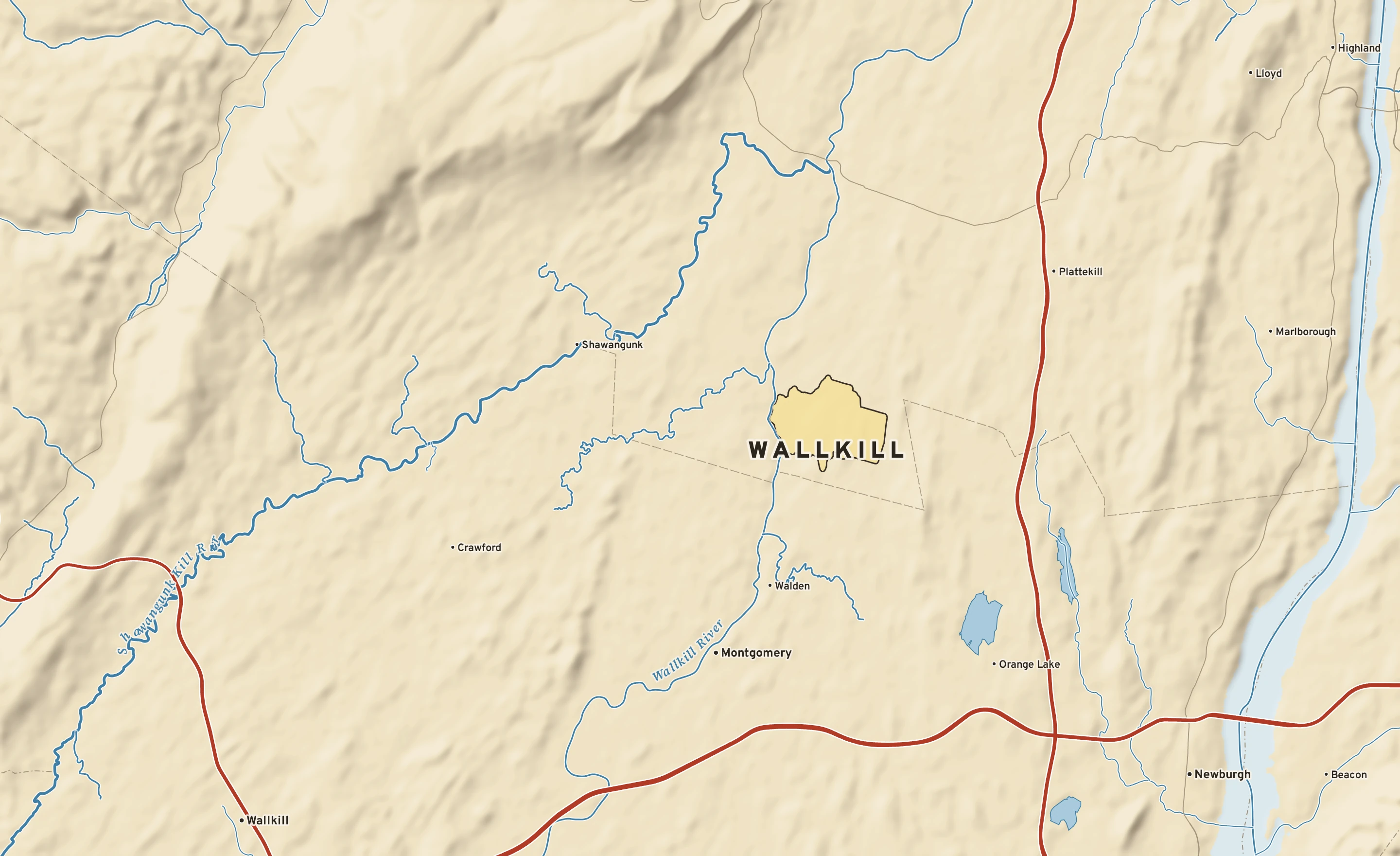 Shaded-relief atlas plate of Wallkill, New York: rivers, roads, the city limits and where the water drains.