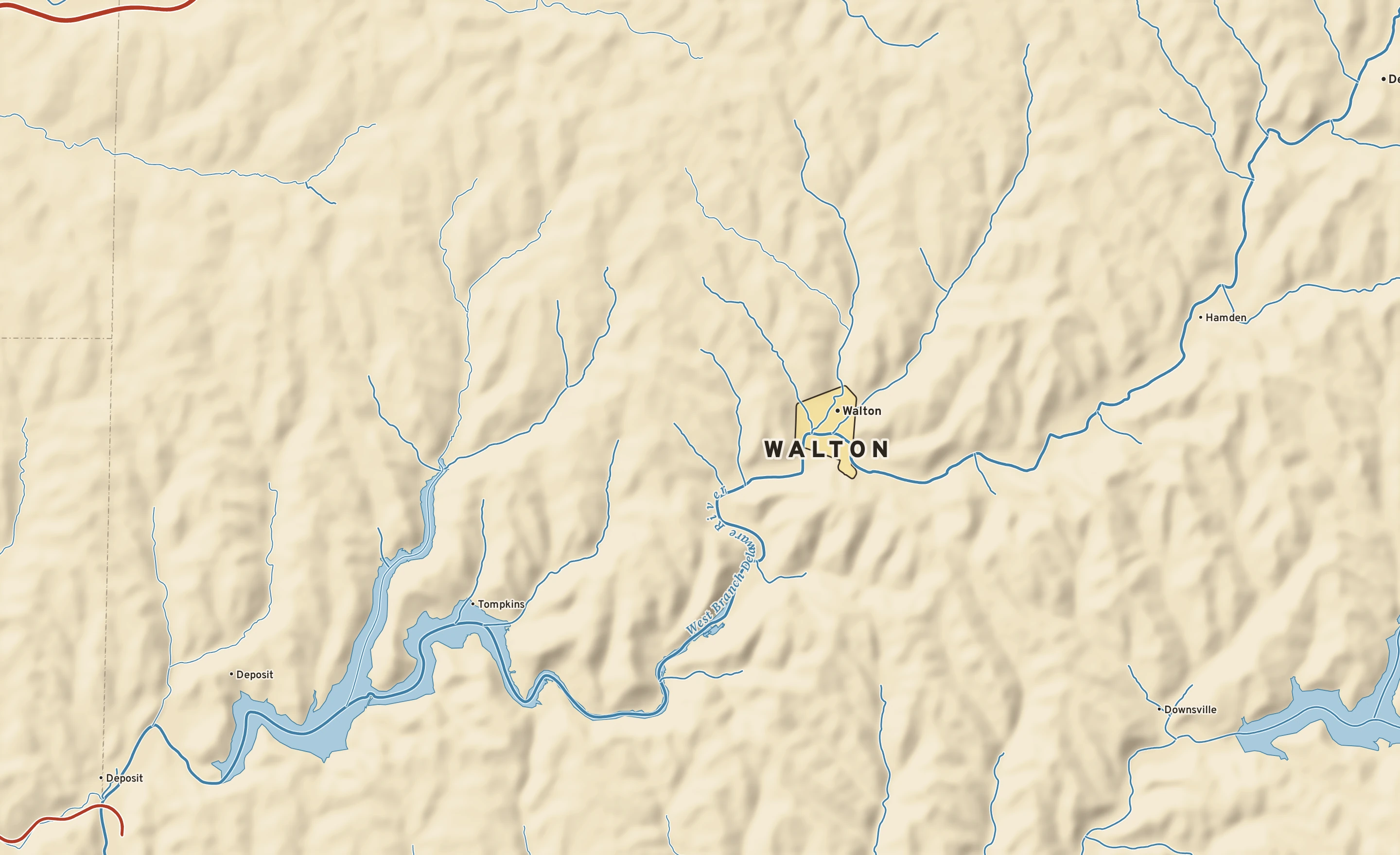 Shaded-relief atlas plate of Walton, New York: rivers, roads, the city limits and where the water drains.