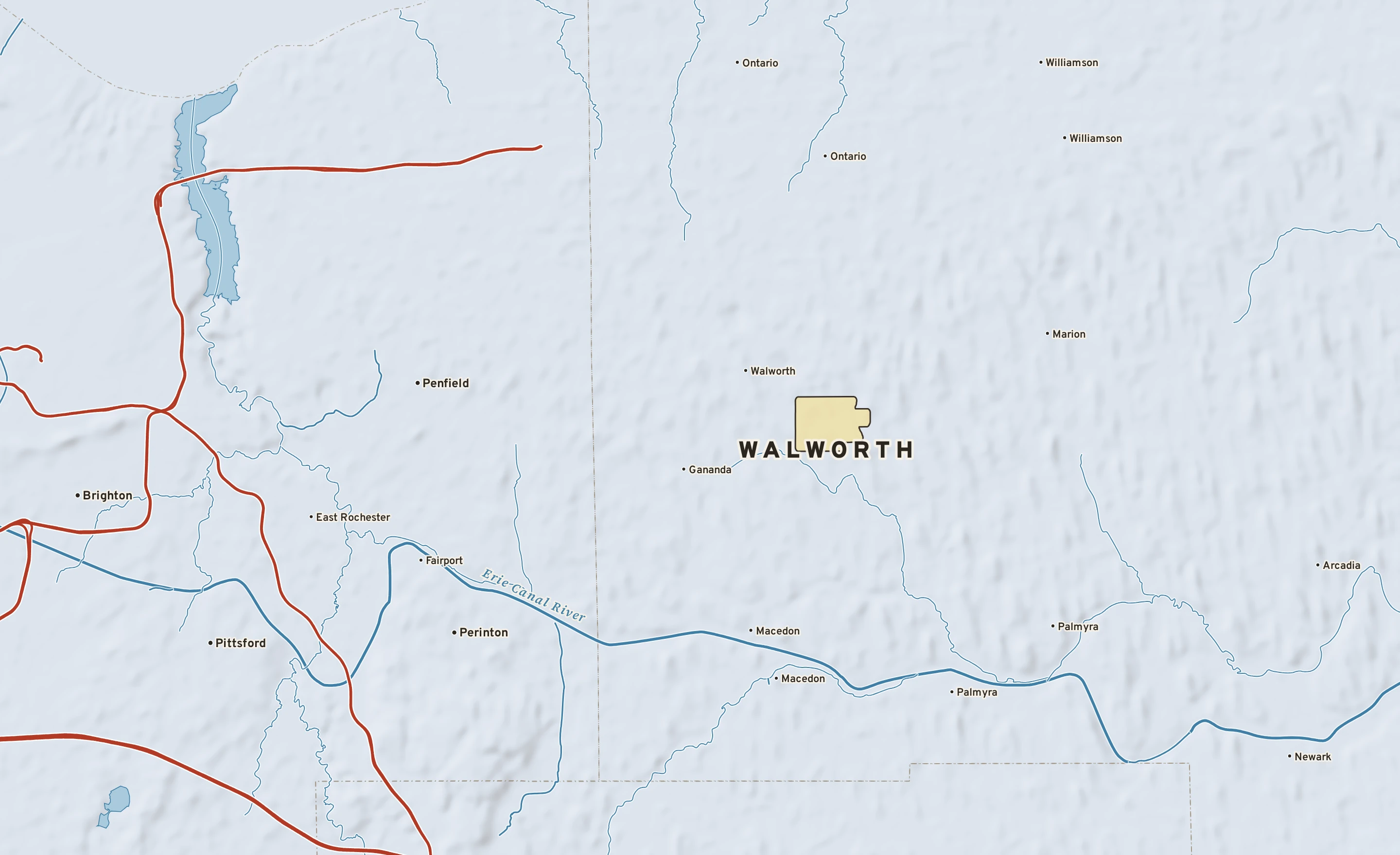 Shaded-relief atlas plate of Walworth, New York: rivers, roads, the city limits and where the water drains.