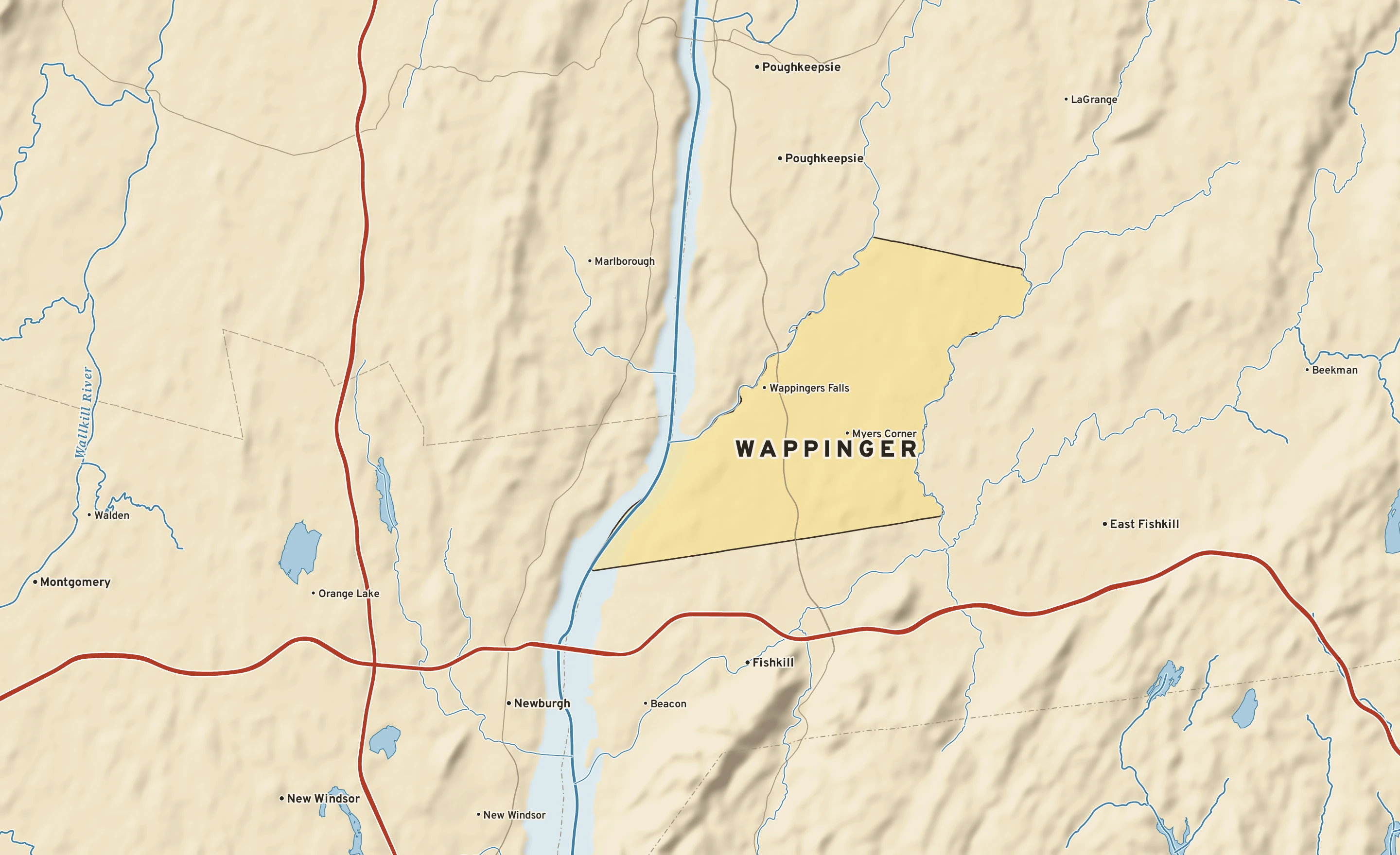 Shaded-relief atlas plate of Wappinger, New York: rivers, roads, the city limits and where the water drains.