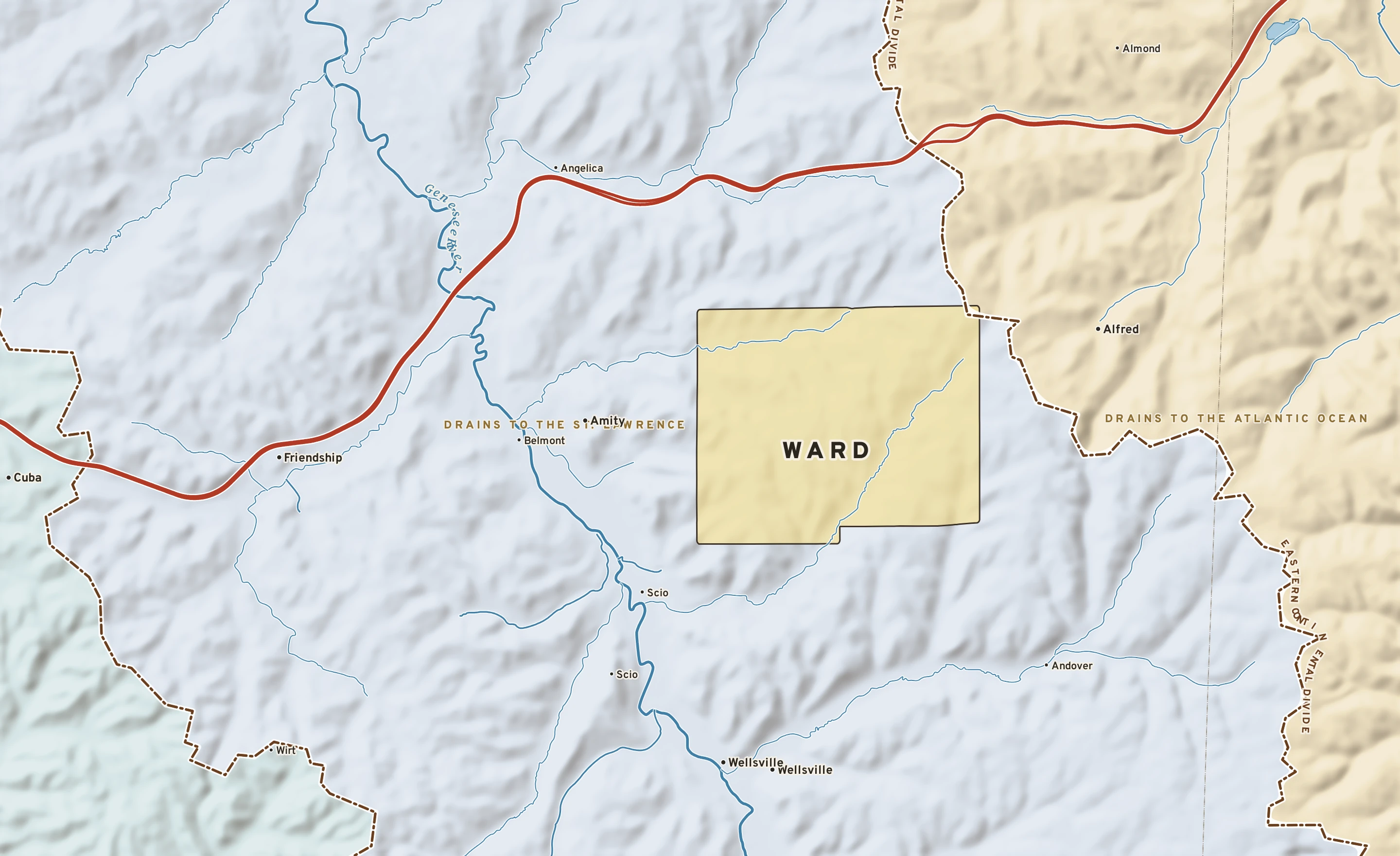 Shaded-relief atlas plate of Ward, New York: rivers, roads, the city limits and where the water drains.