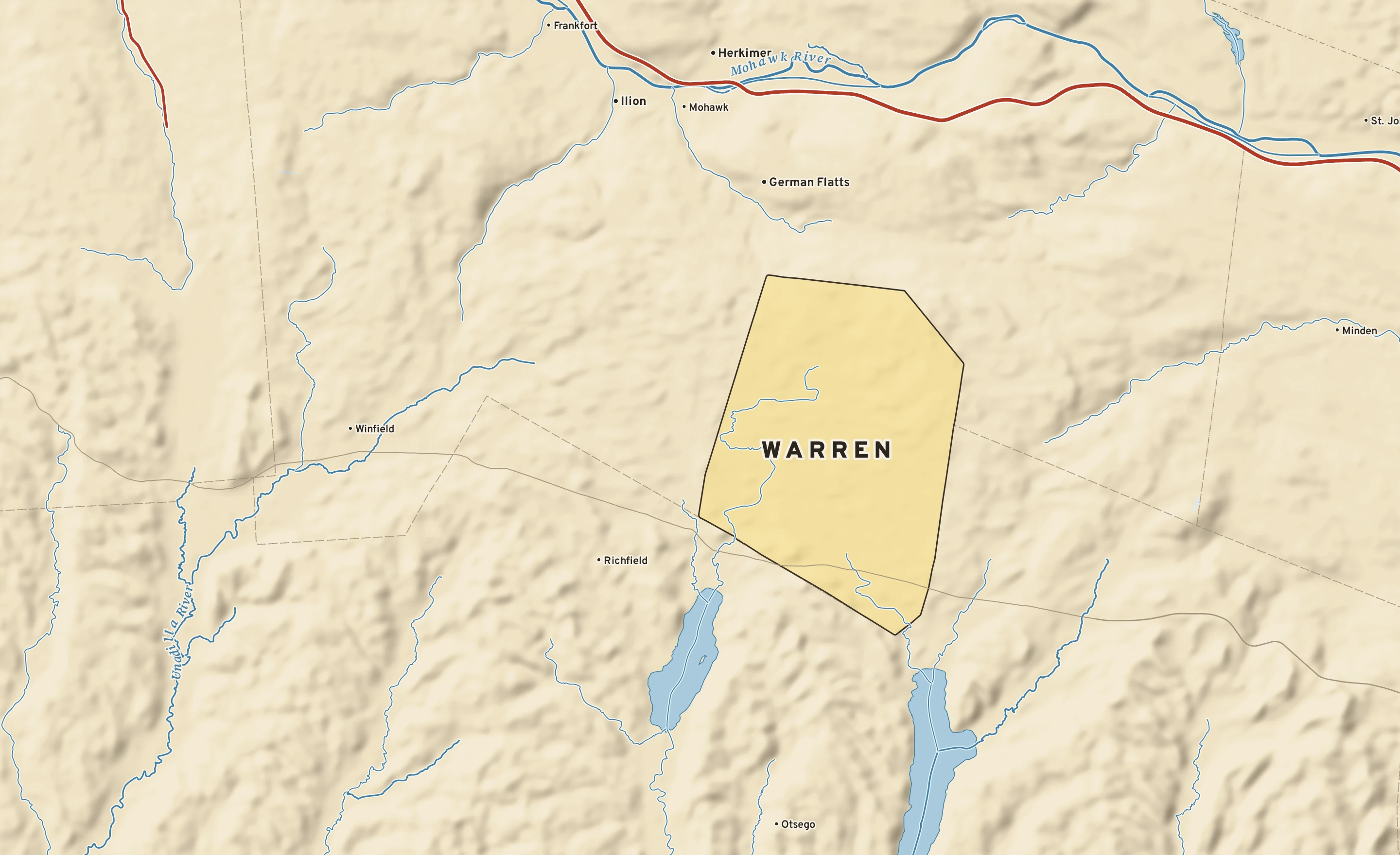 Shaded-relief atlas plate of Warren, New York: rivers, roads, the city limits and where the water drains.