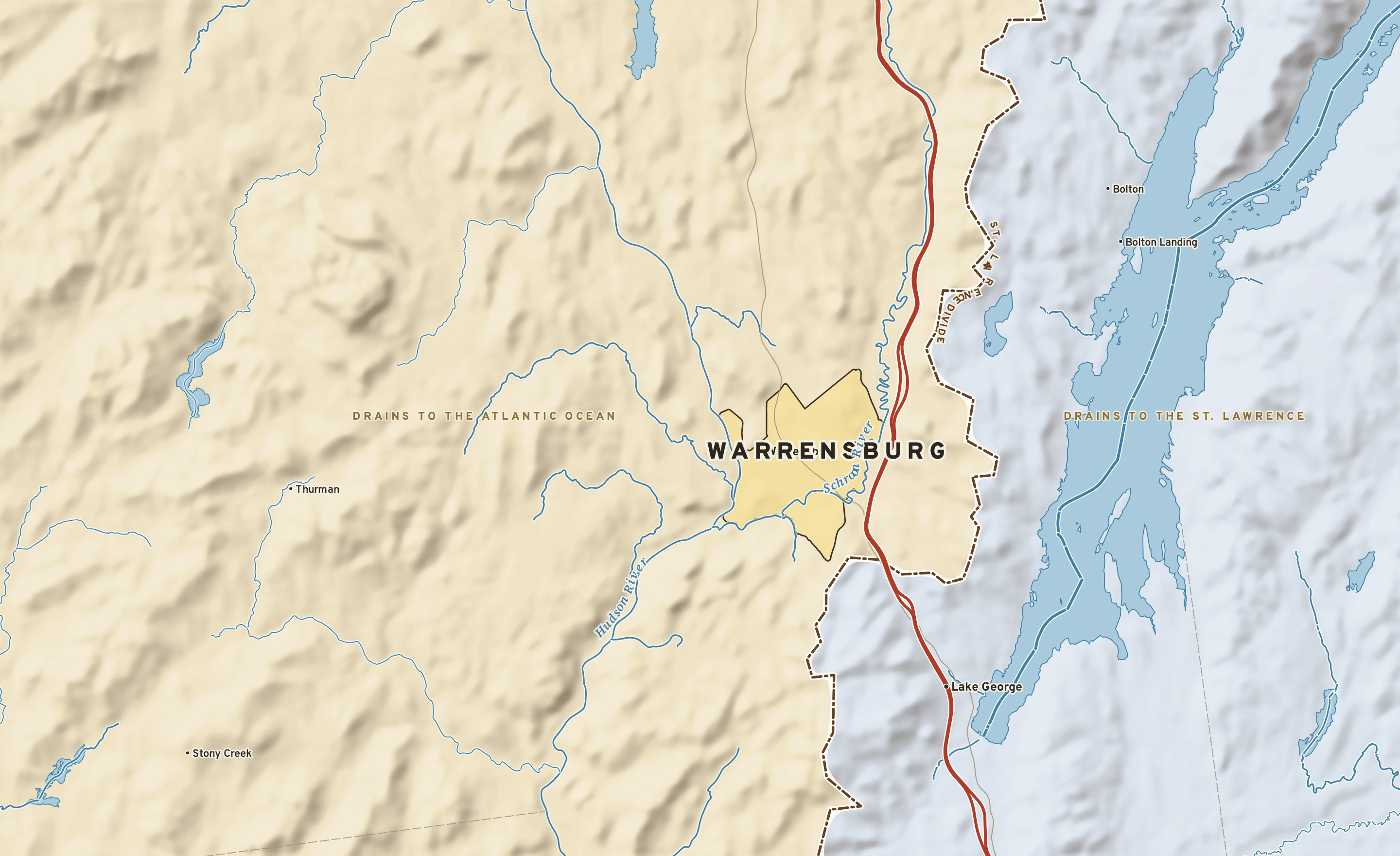 Shaded-relief atlas plate of Warrensburg, New York: rivers, roads, the city limits and where the water drains.
