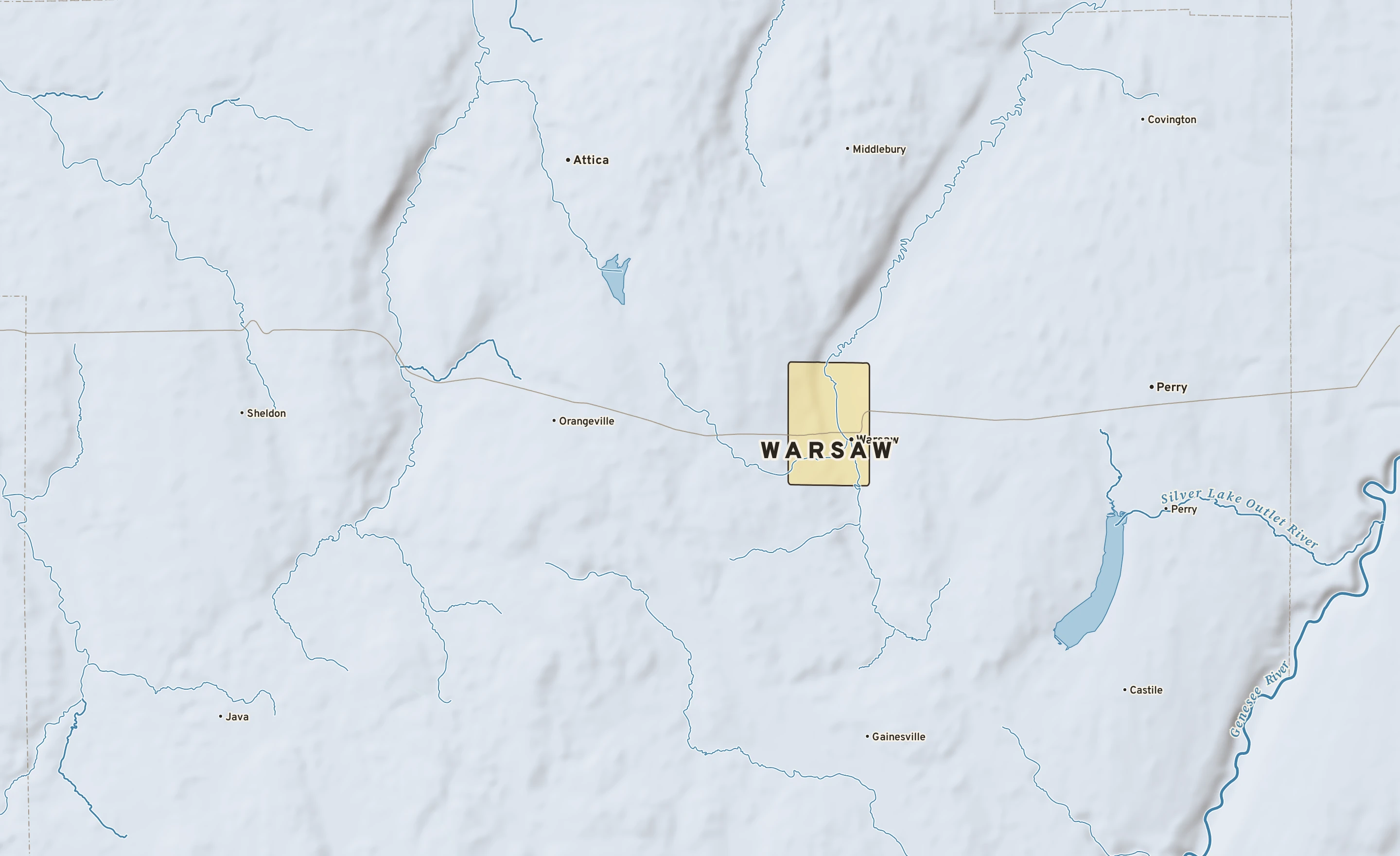 Shaded-relief atlas plate of Warsaw, New York: rivers, roads, the city limits and where the water drains.