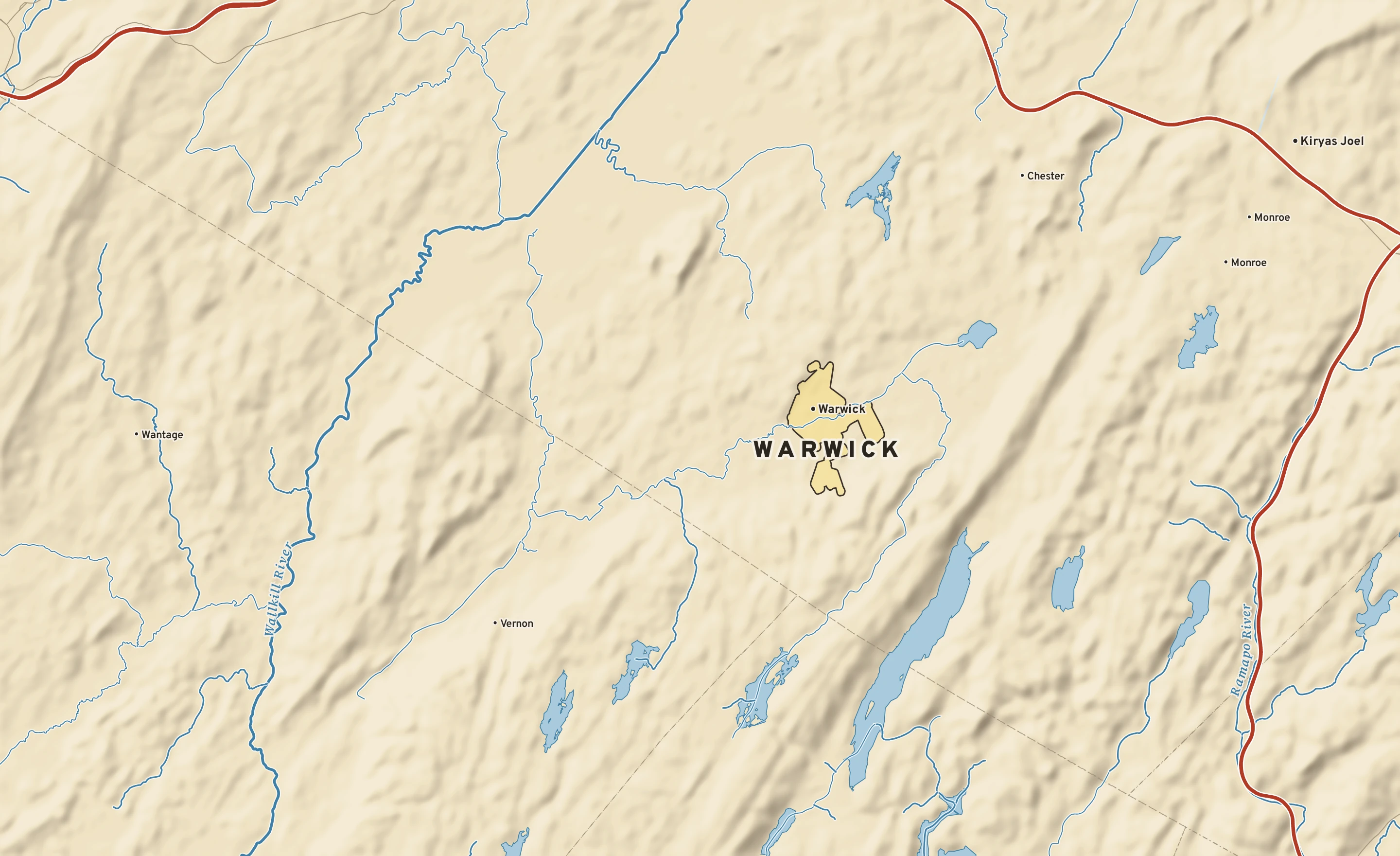 Shaded-relief atlas plate of Warwick, New York: rivers, roads, the city limits and where the water drains.