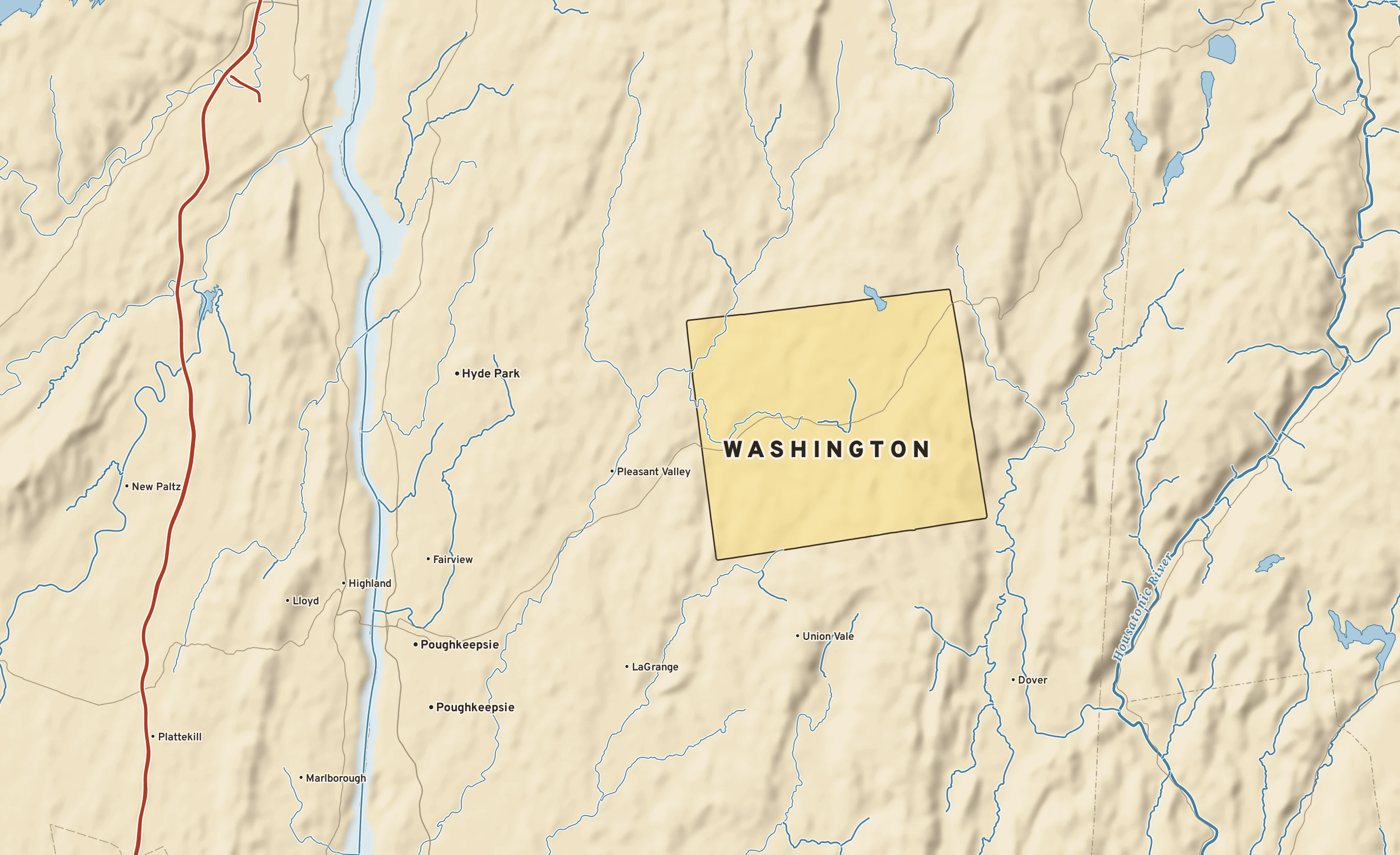 Shaded-relief atlas plate of Washington, New York: rivers, roads, the city limits and where the water drains.