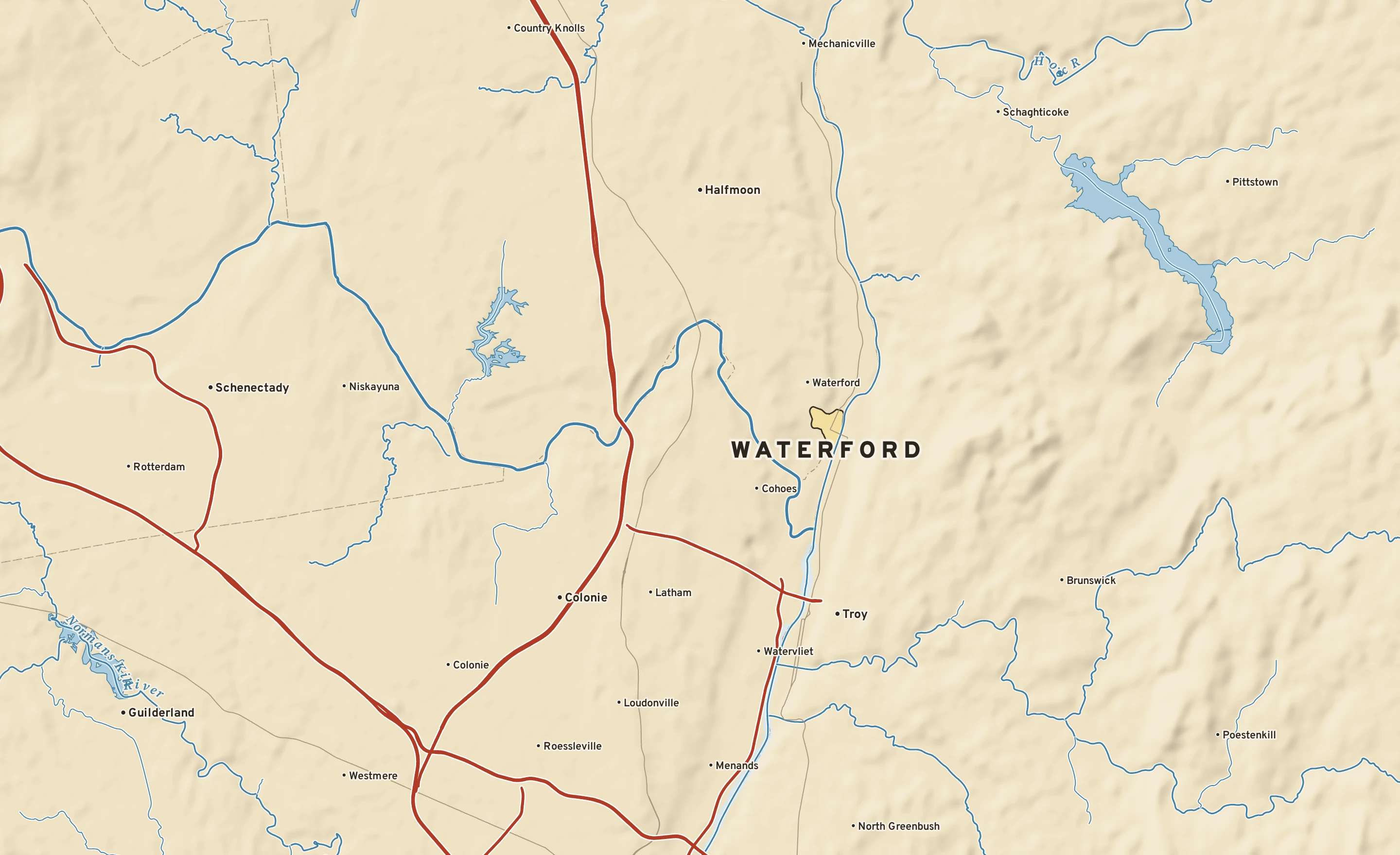 Shaded-relief atlas plate of Waterford, New York: rivers, roads, the city limits and where the water drains.