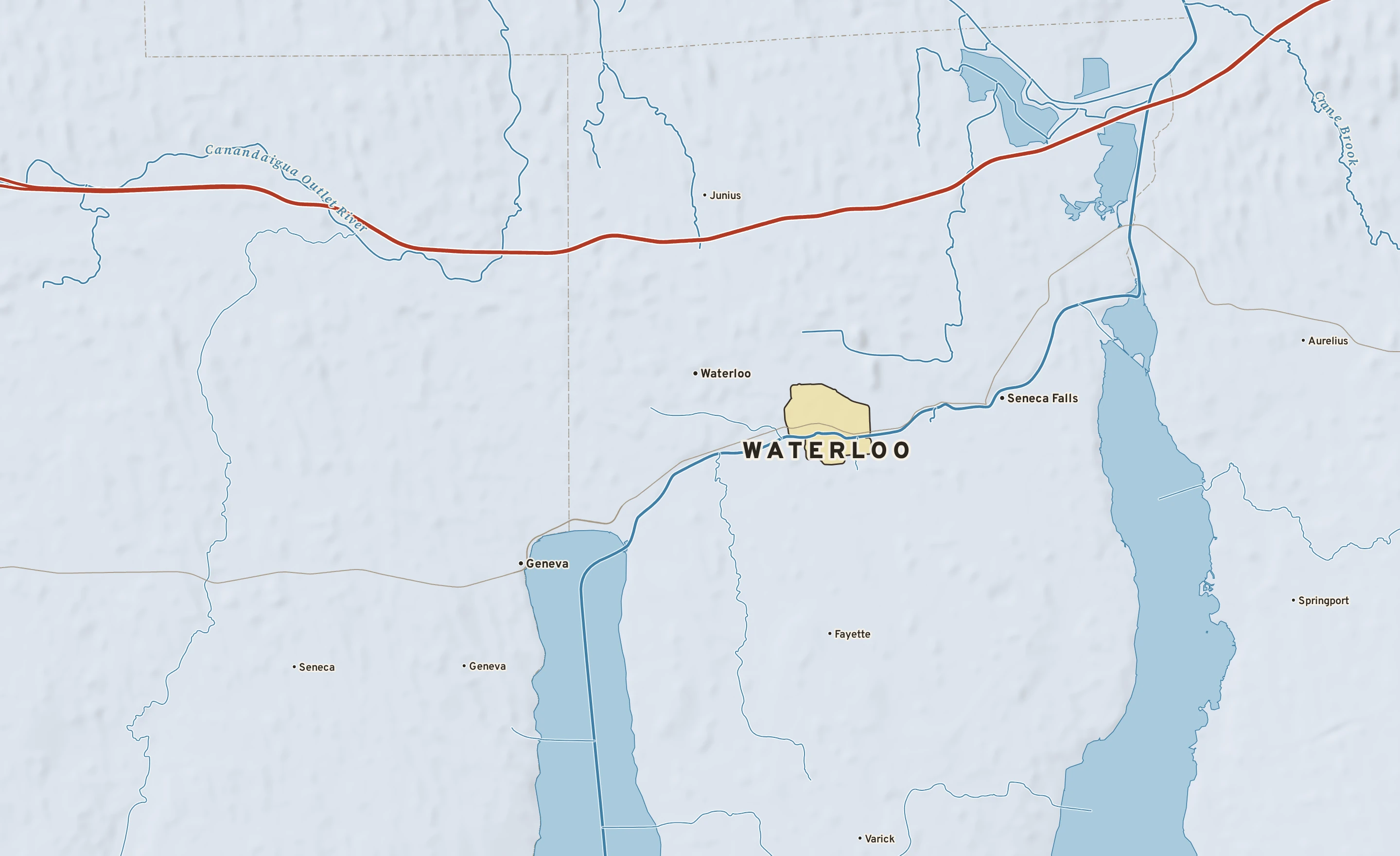 Shaded-relief atlas plate of Waterloo, New York: rivers, roads, the city limits and where the water drains.