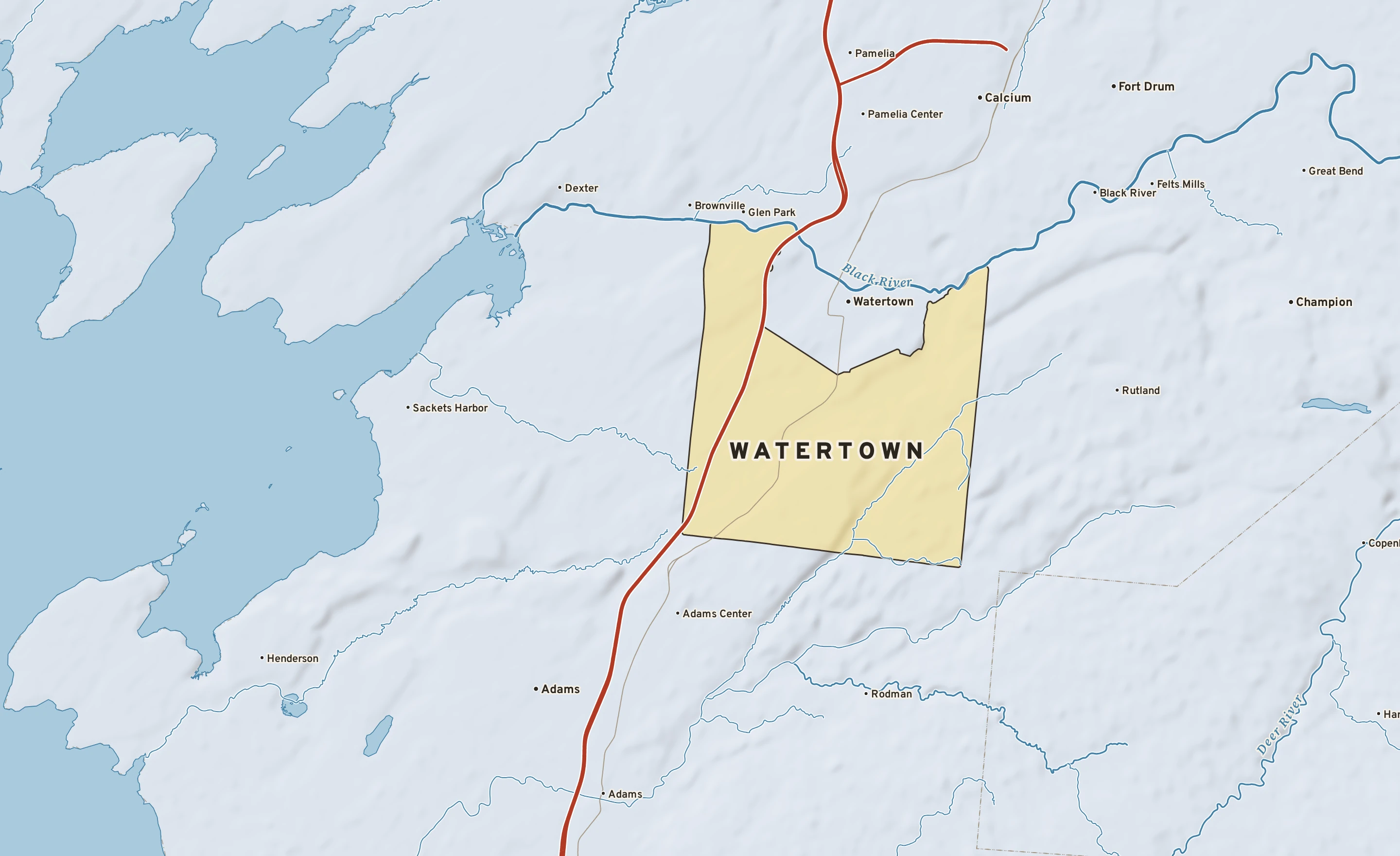 Shaded-relief atlas plate of Watertown, New York: rivers, roads, the city limits and where the water drains.