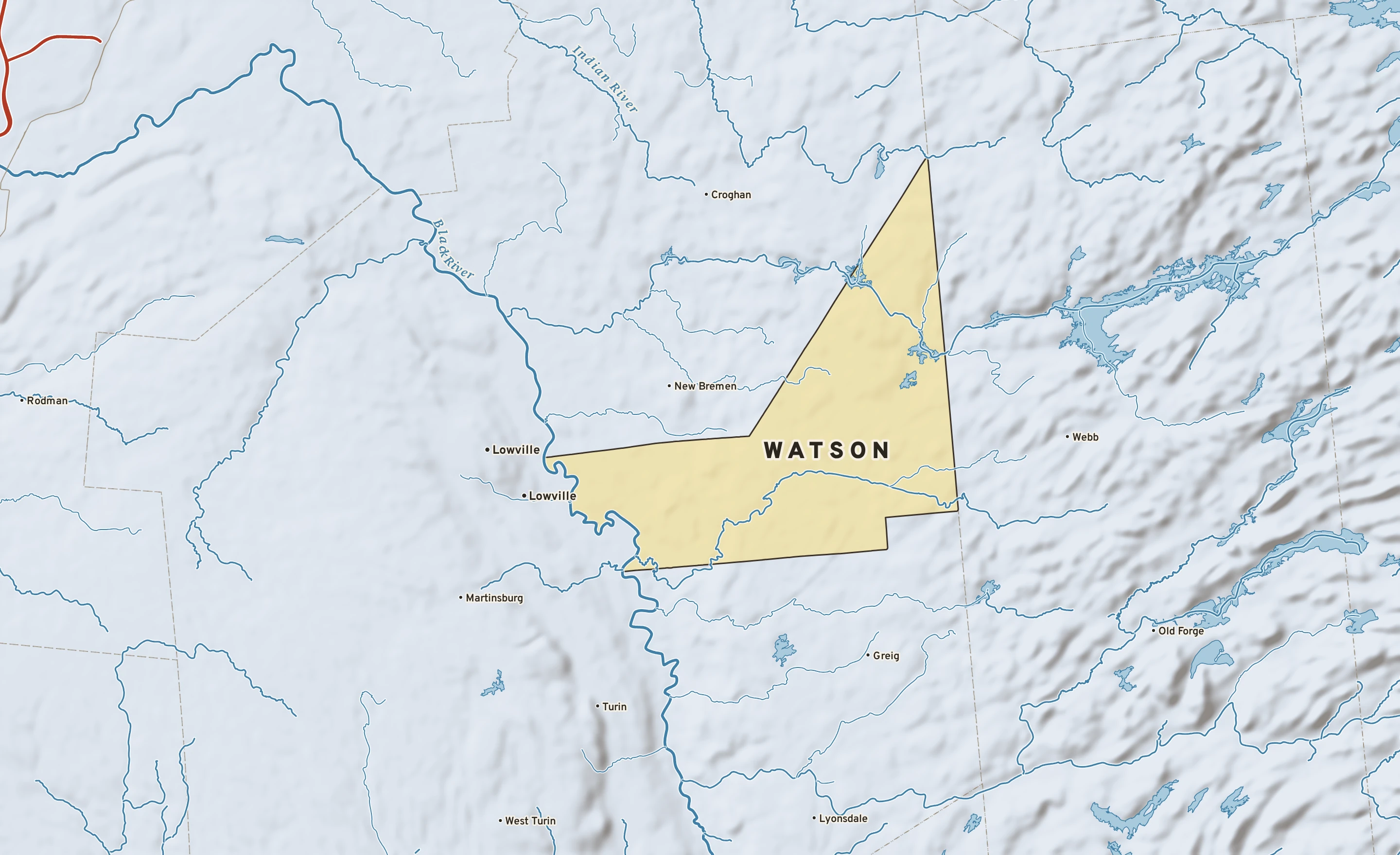 Shaded-relief atlas plate of Watson, New York: rivers, roads, the city limits and where the water drains.