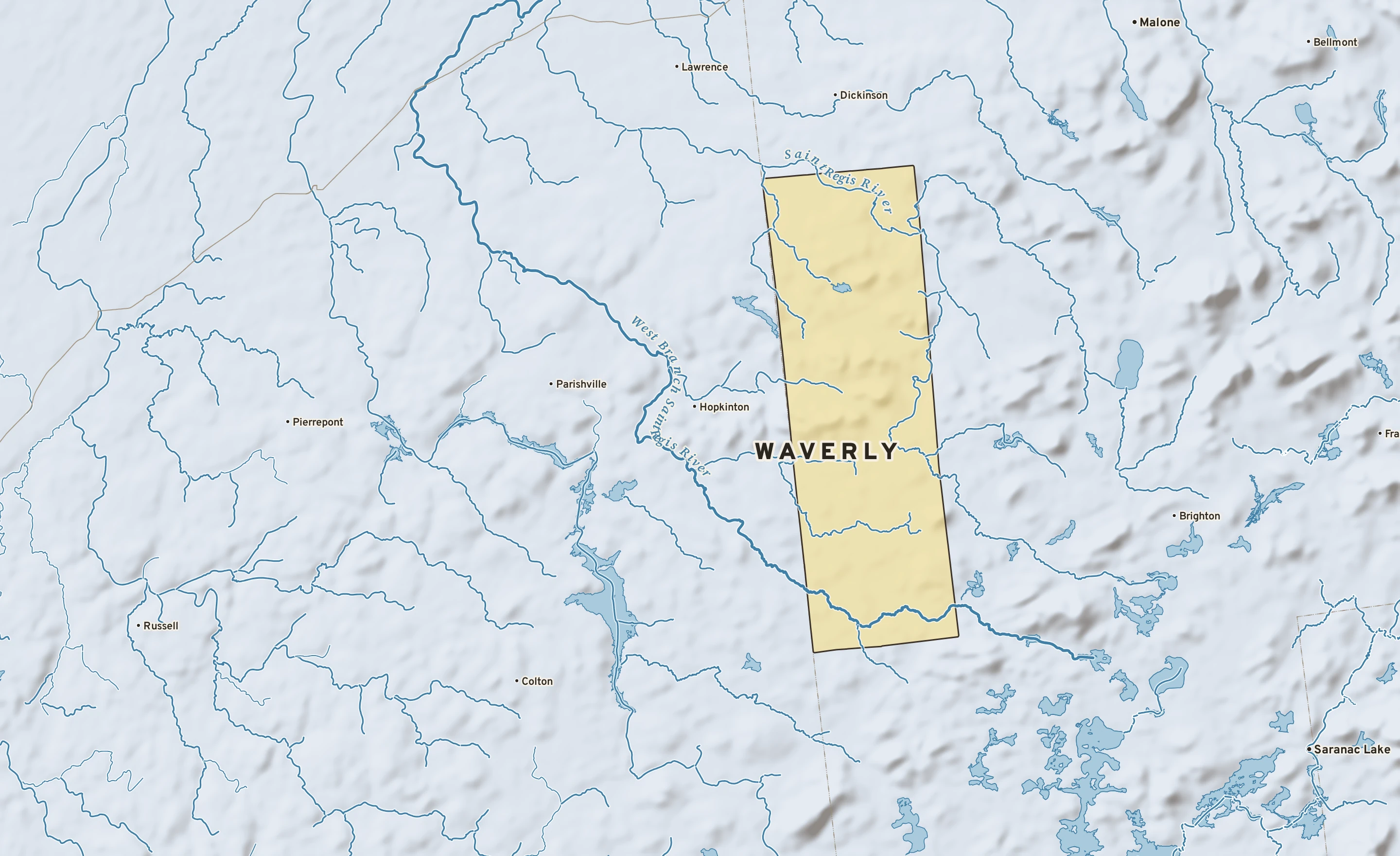 Shaded-relief atlas plate of Waverly, New York: rivers, roads, the city limits and where the water drains.