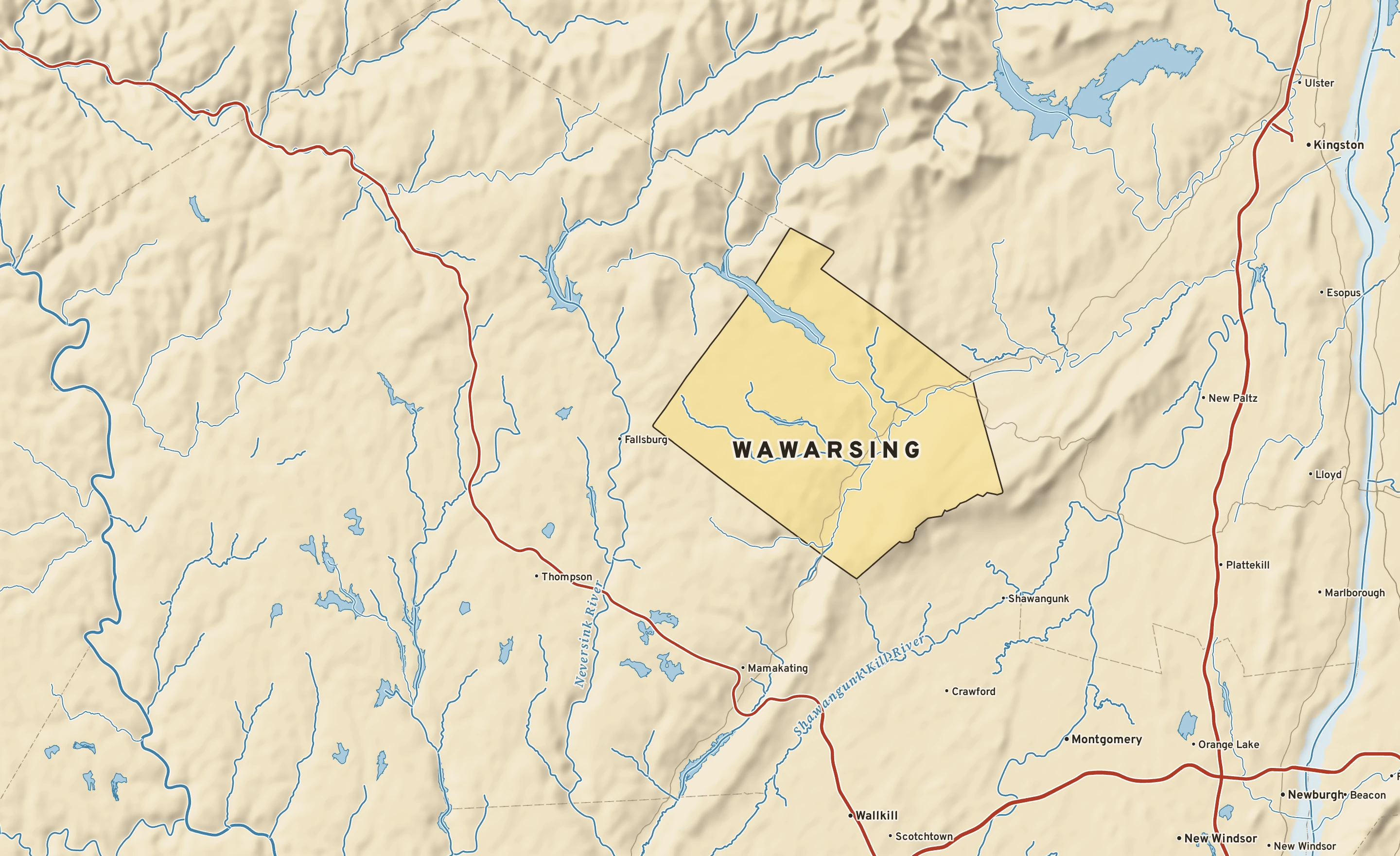 Shaded-relief atlas plate of Wawarsing, New York: rivers, roads, the city limits and where the water drains.