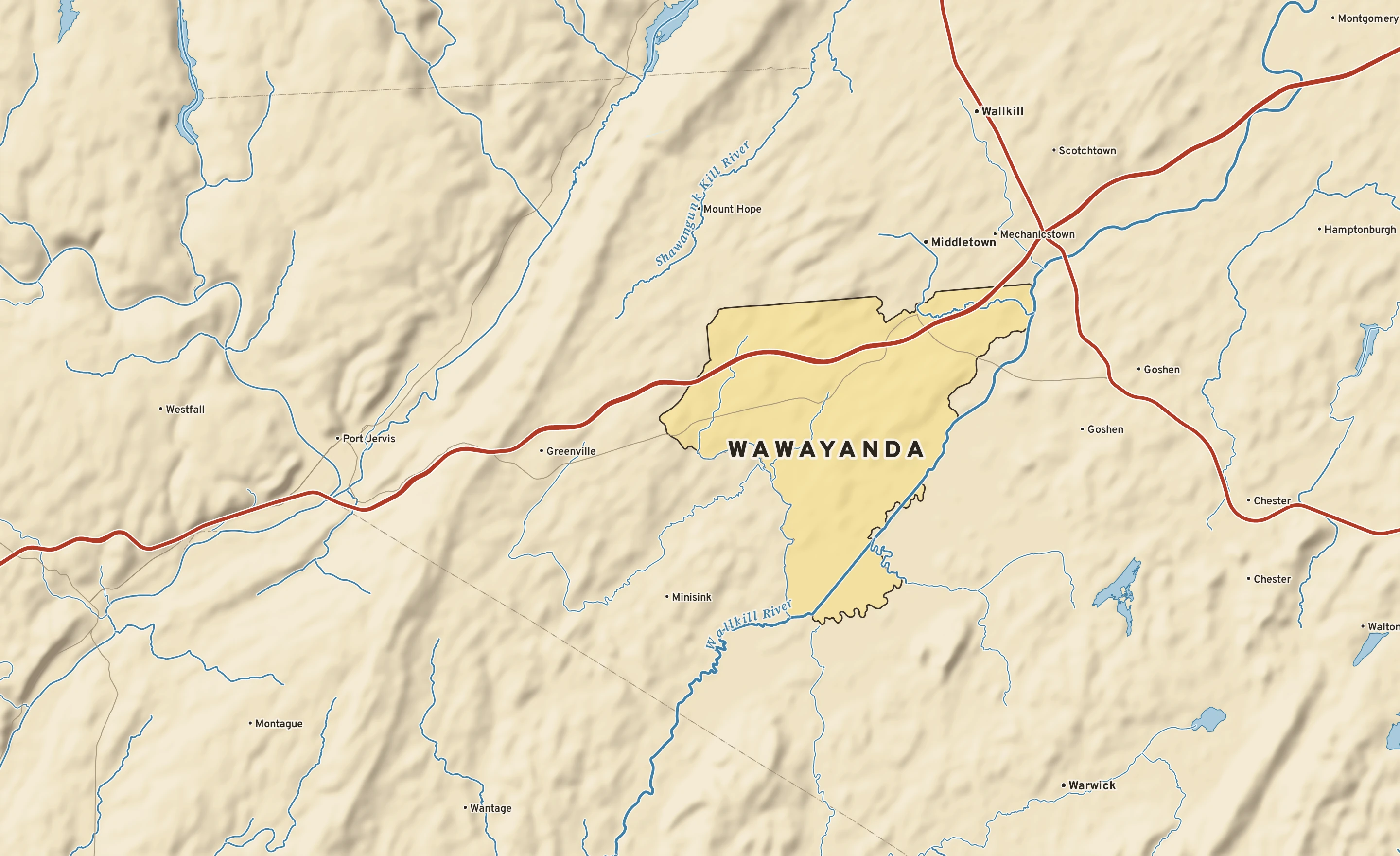 Shaded-relief atlas plate of Wawayanda, New York: rivers, roads, the city limits and where the water drains.