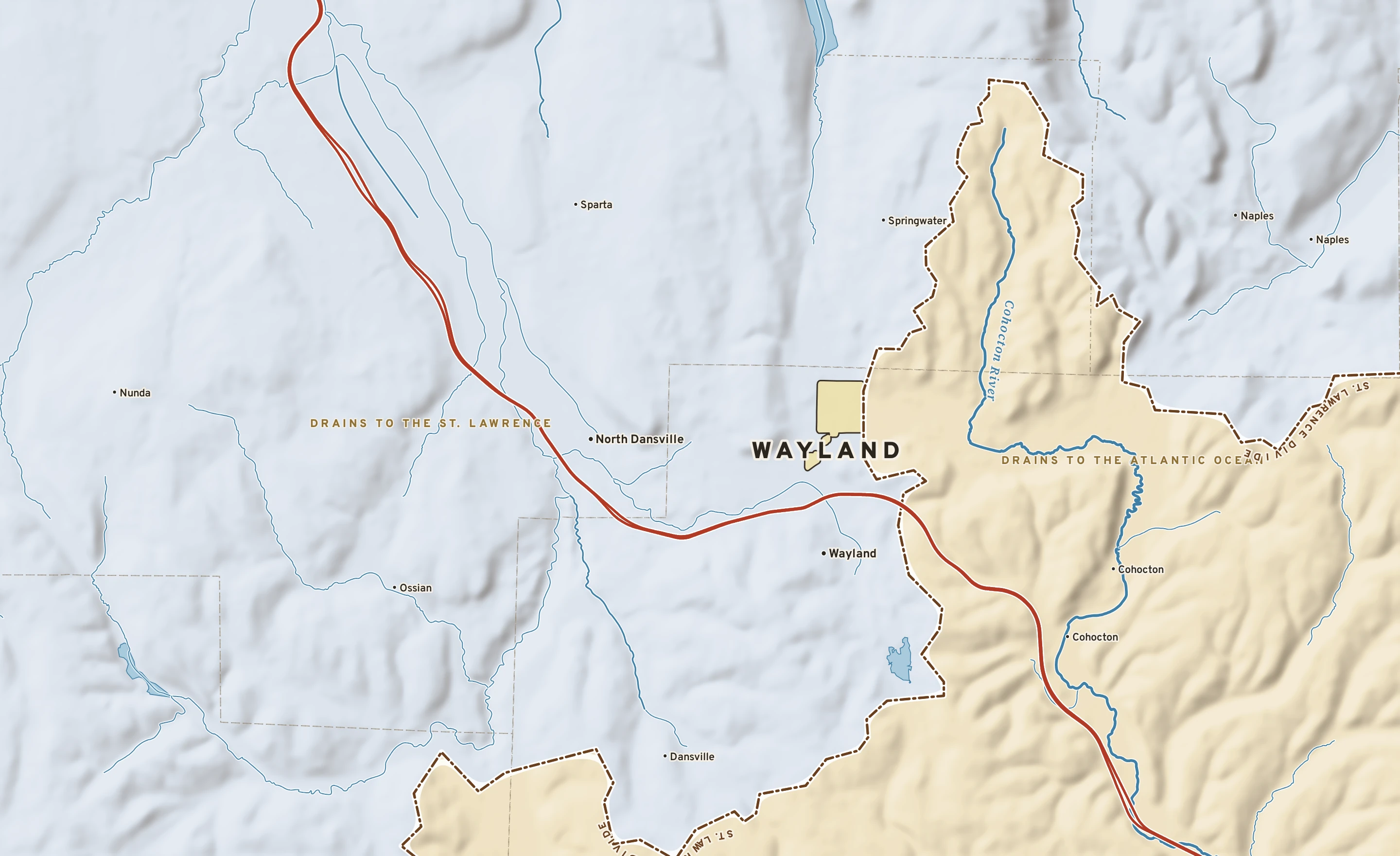Shaded-relief atlas plate of Wayland, New York: rivers, roads, the city limits and where the water drains.