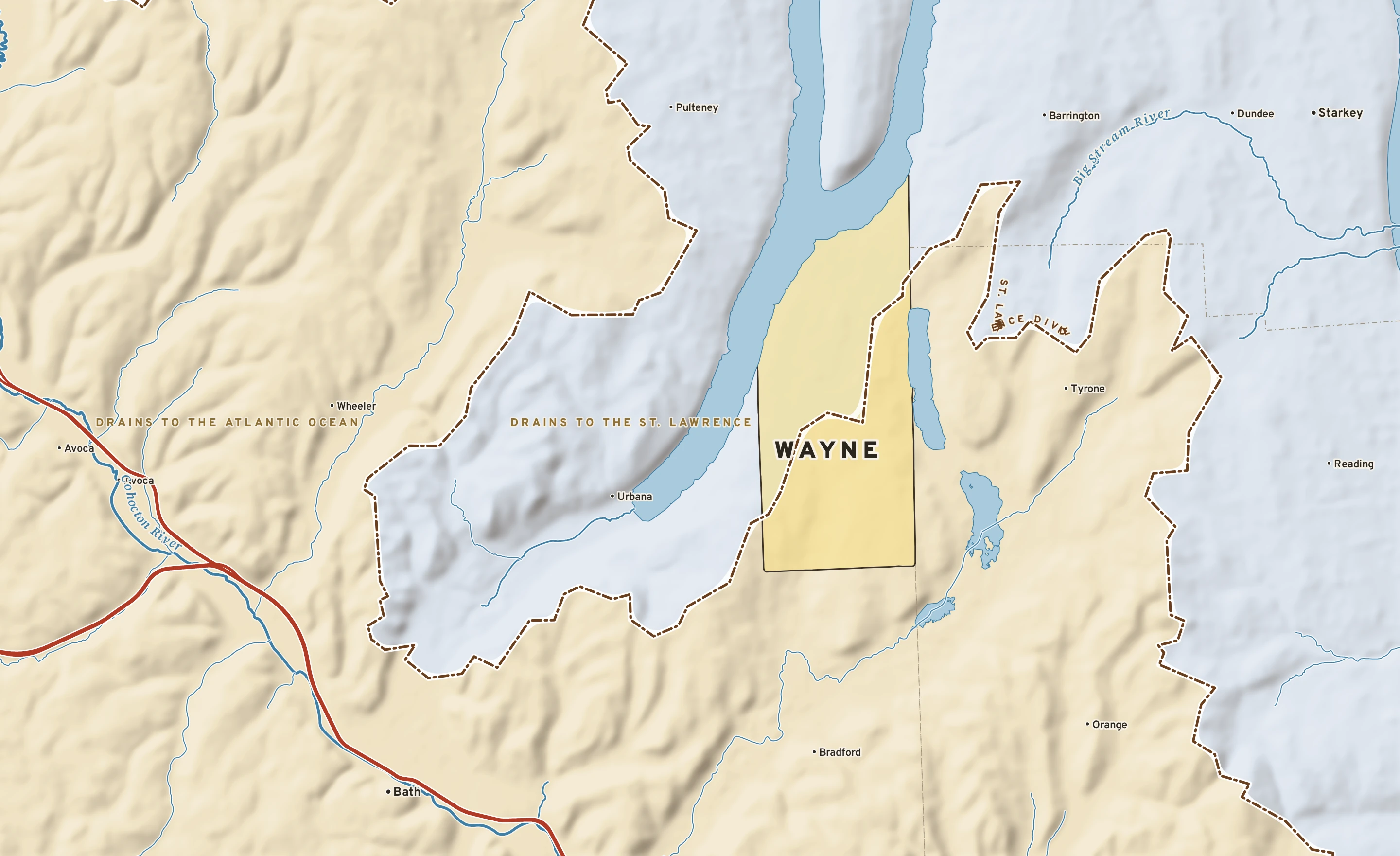 Shaded-relief atlas plate of Wayne, New York: rivers, roads, the city limits and where the water drains.