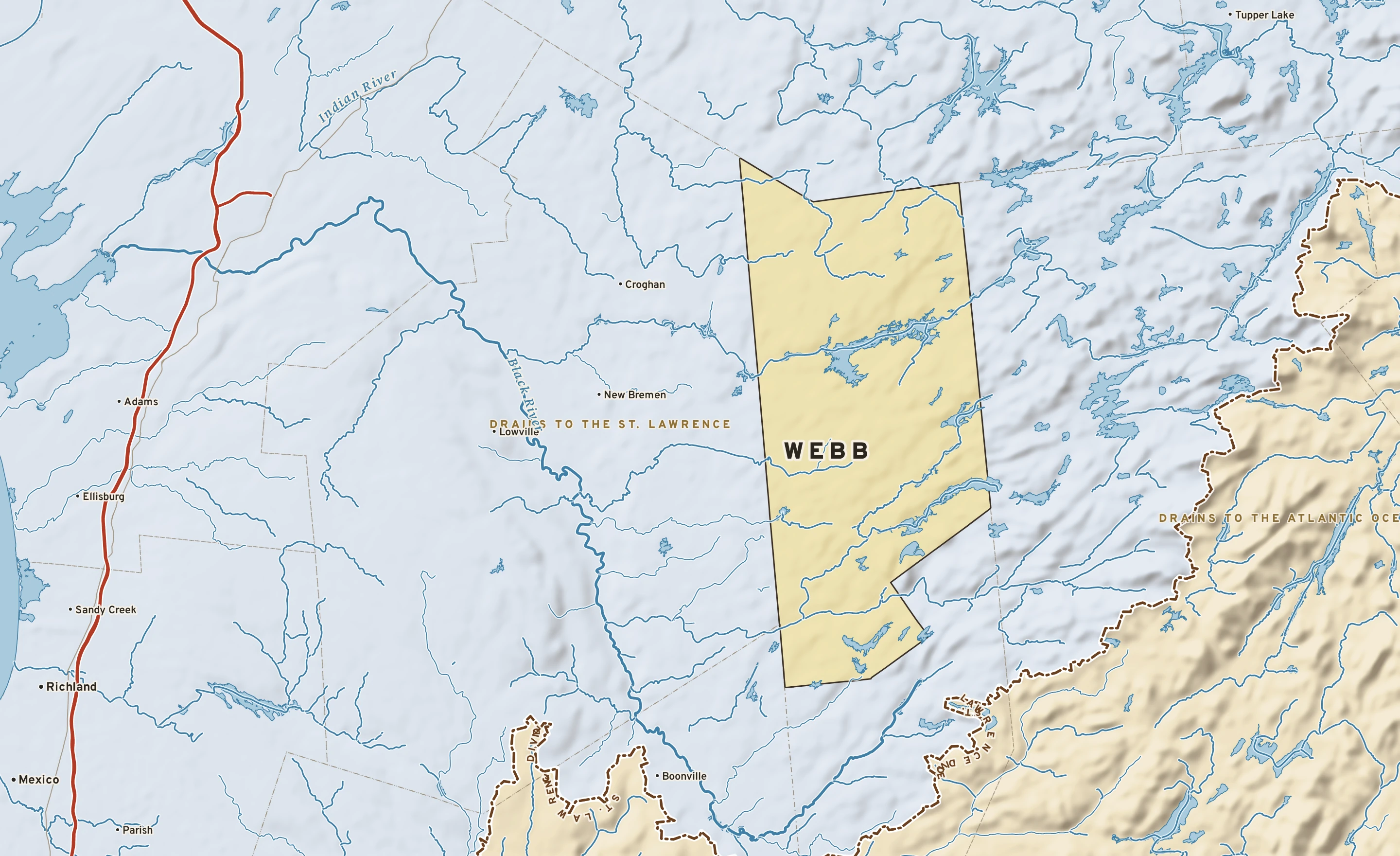 Shaded-relief atlas plate of Webb, New York: rivers, roads, the city limits and where the water drains.