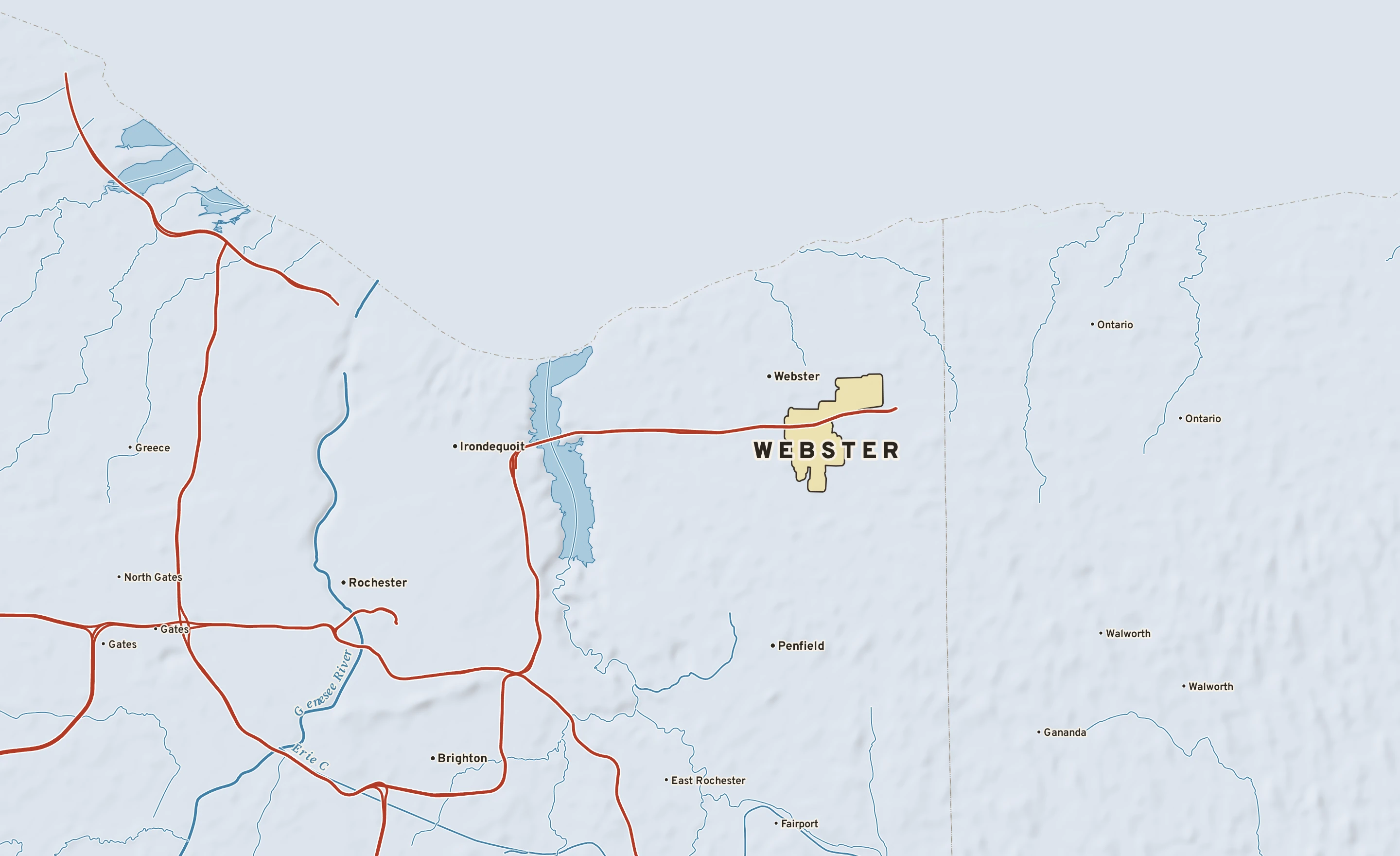 Shaded-relief atlas plate of Webster, New York: rivers, roads, the city limits and where the water drains.