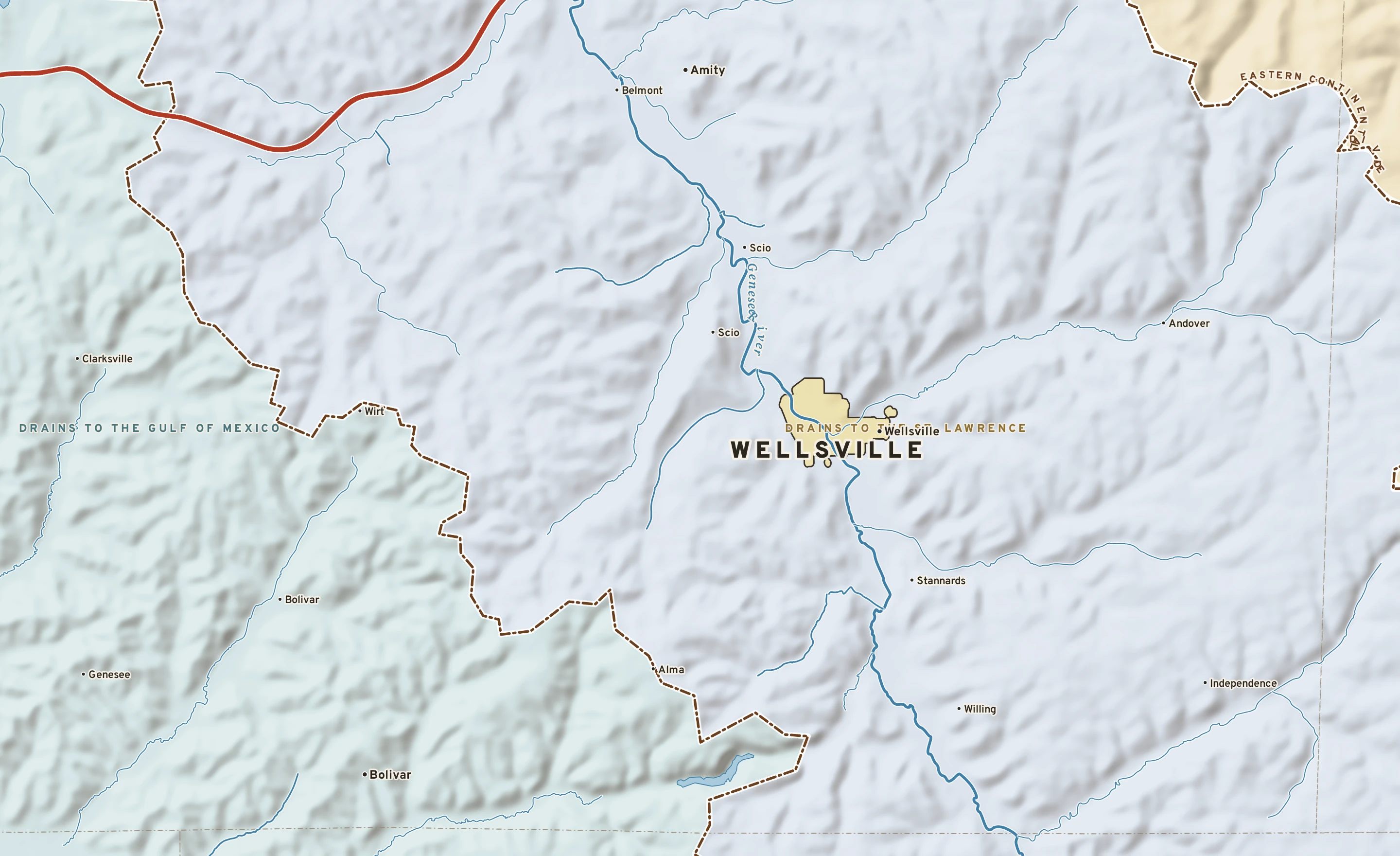 Shaded-relief atlas plate of Wellsville, New York: rivers, roads, the city limits and where the water drains.