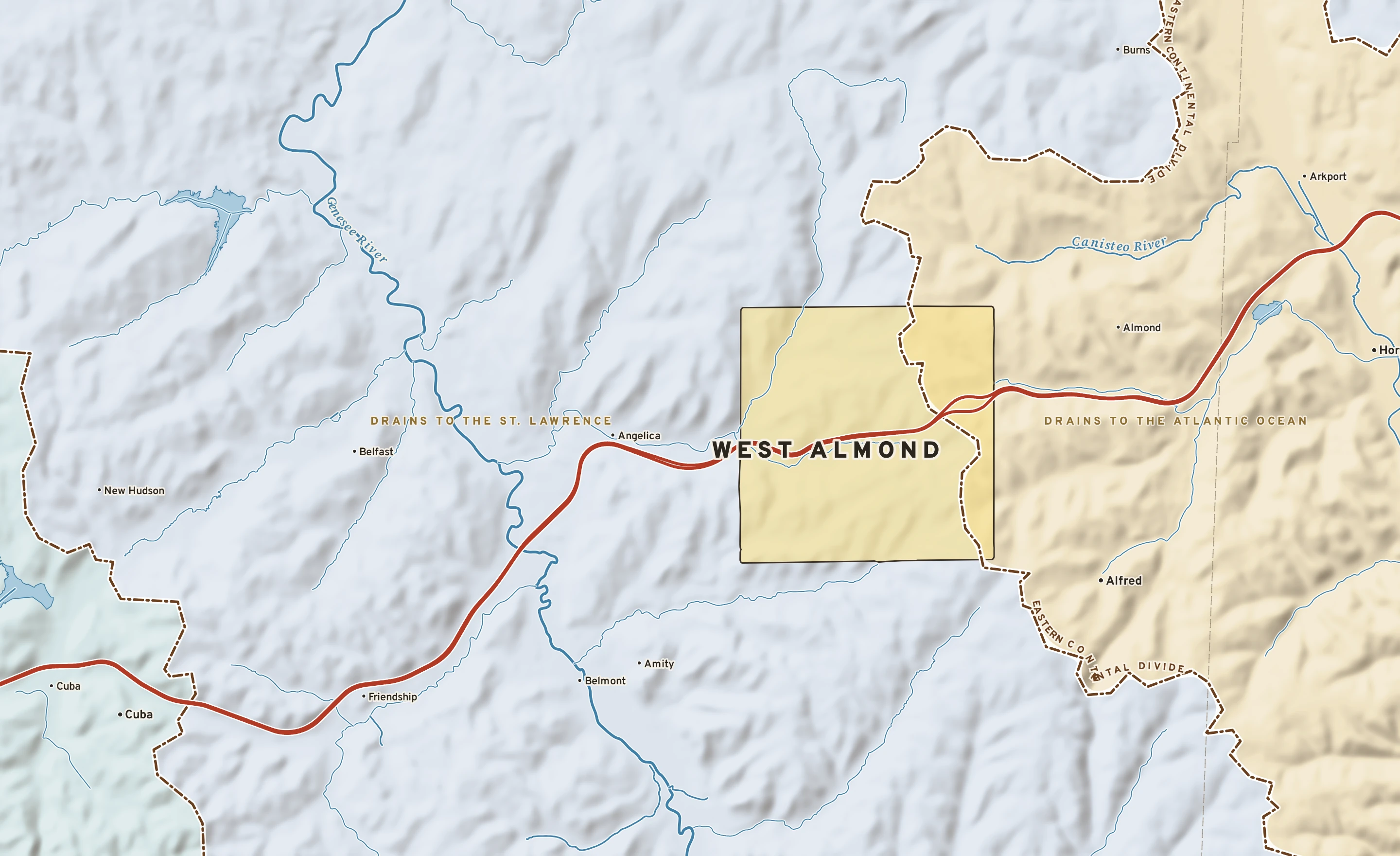Shaded-relief atlas plate of West Almond, New York: rivers, roads, the city limits and where the water drains.