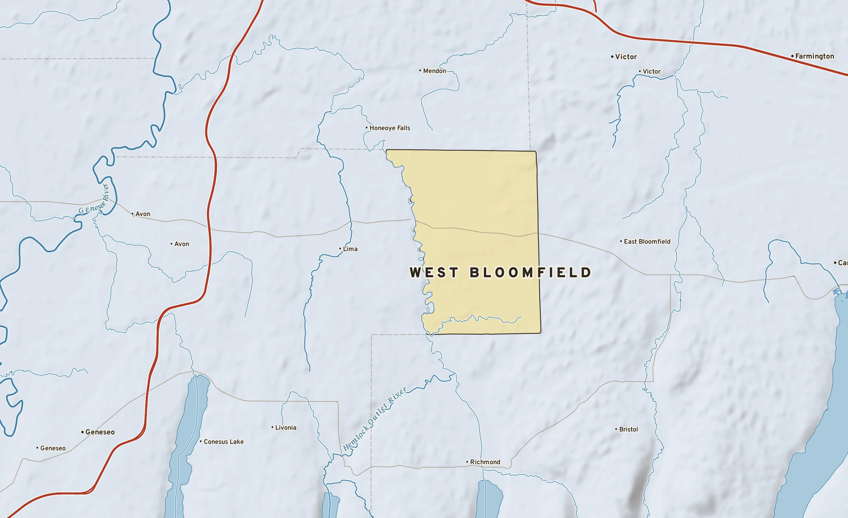 Shaded-relief atlas plate of West Bloomfield, New York: rivers, roads, the city limits and where the water drains.