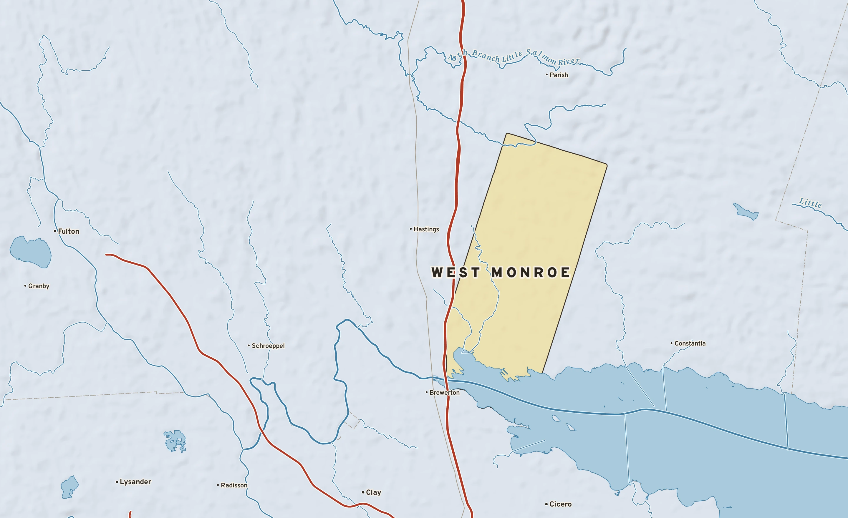 Shaded-relief atlas plate of West Monroe, New York: rivers, roads, the city limits and where the water drains.