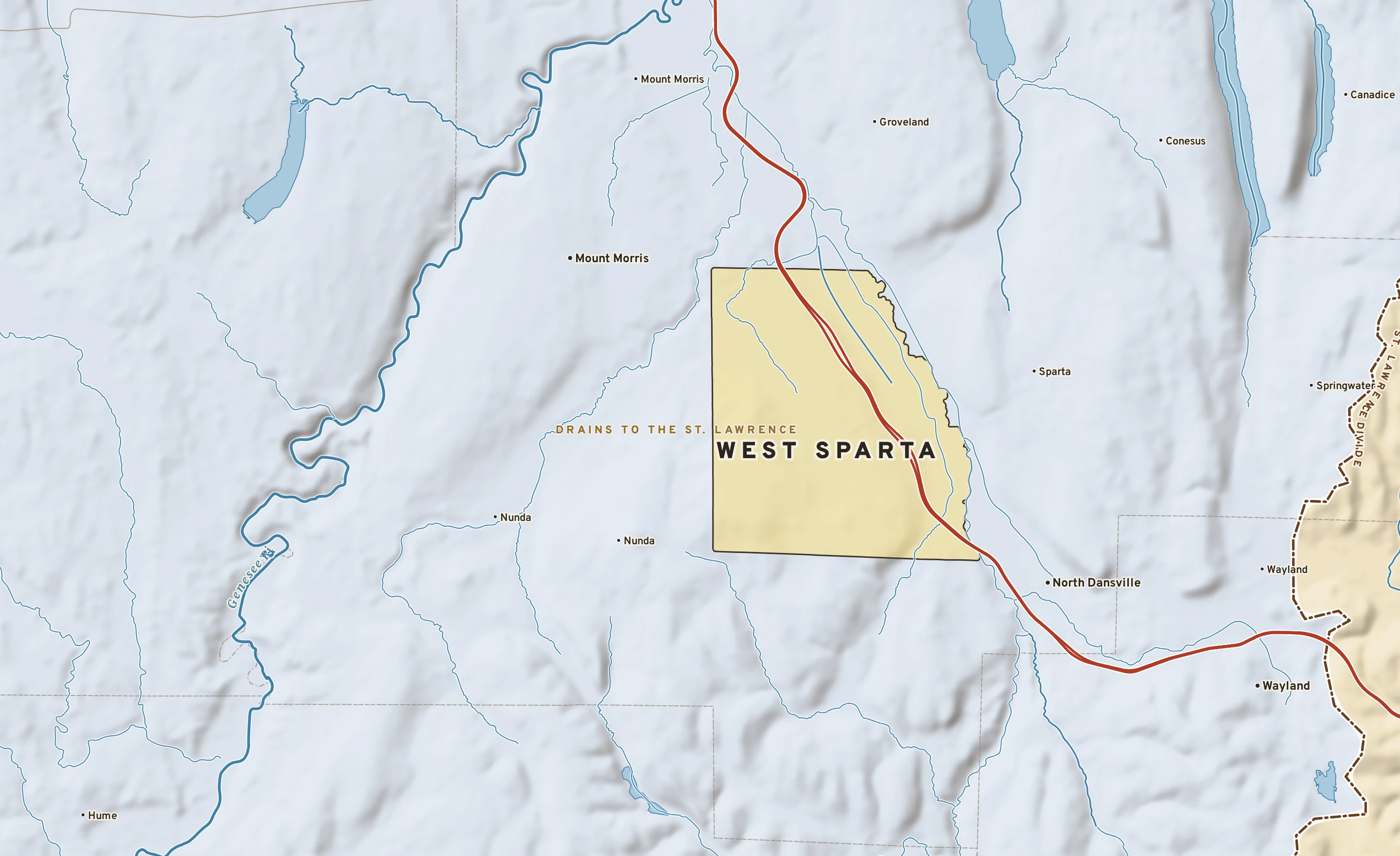 Shaded-relief atlas plate of West Sparta, New York: rivers, roads, the city limits and where the water drains.