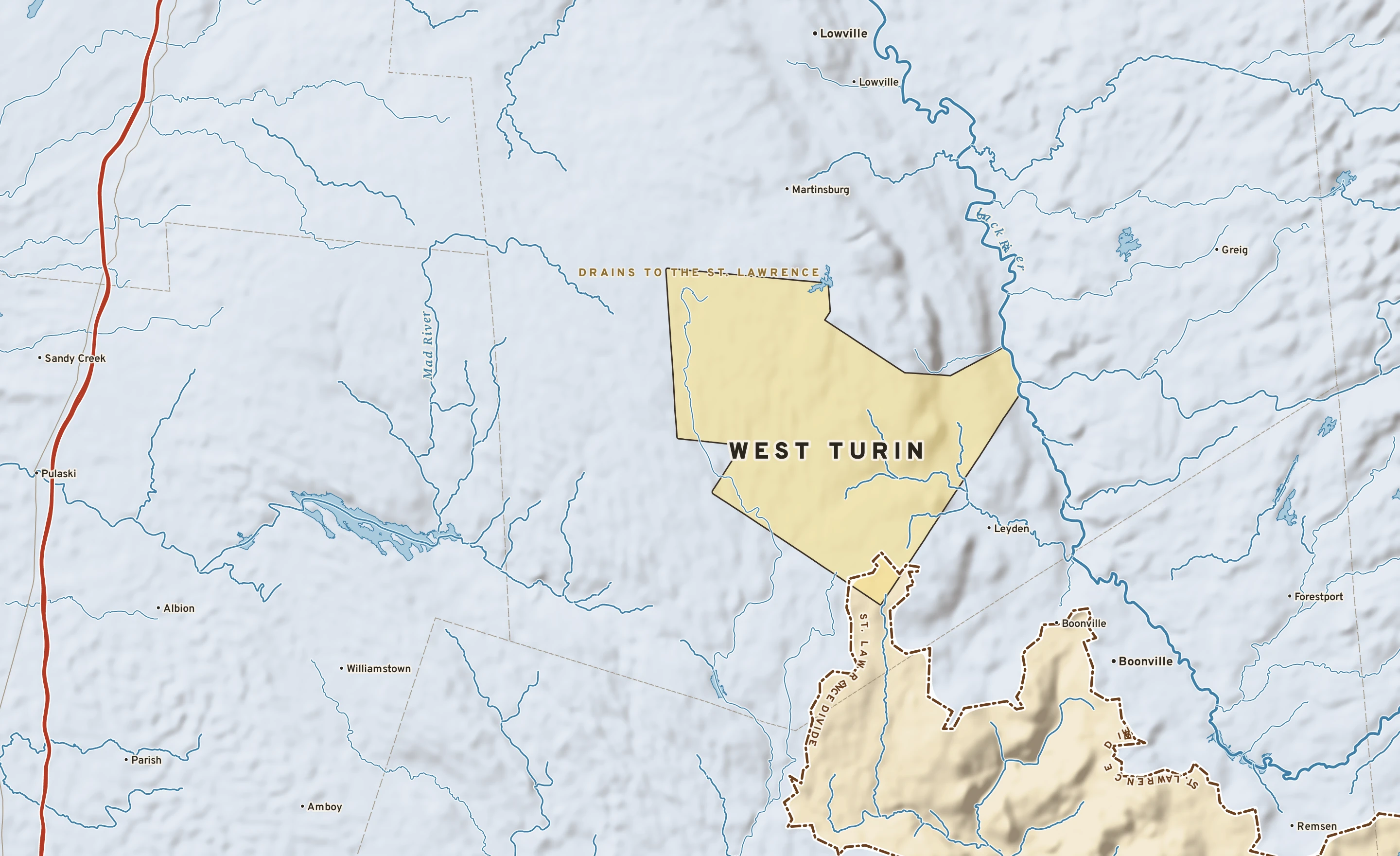 Shaded-relief atlas plate of West Turin, New York: rivers, roads, the city limits and where the water drains.