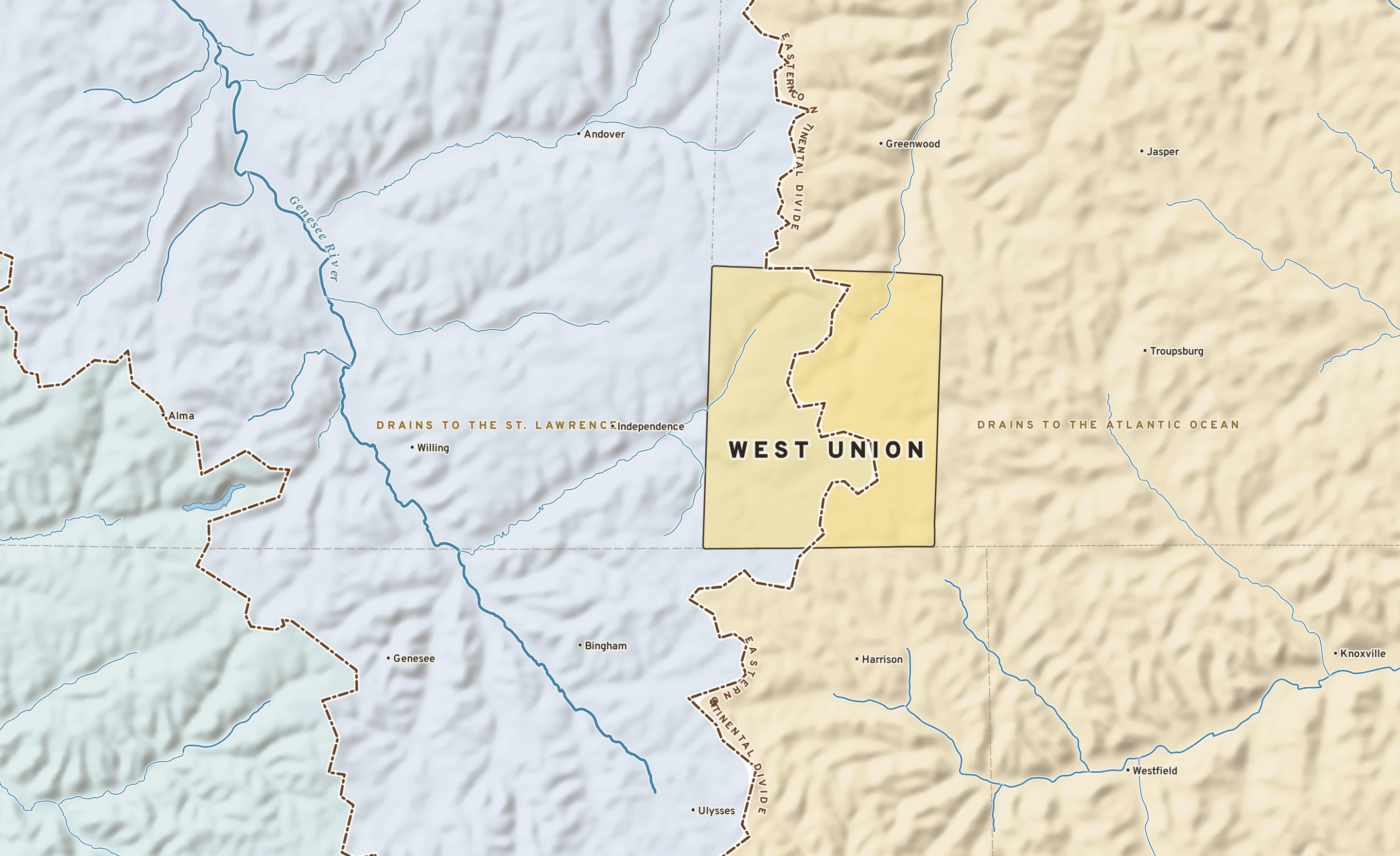 Shaded-relief atlas plate of West Union, New York: rivers, roads, the city limits and where the water drains.