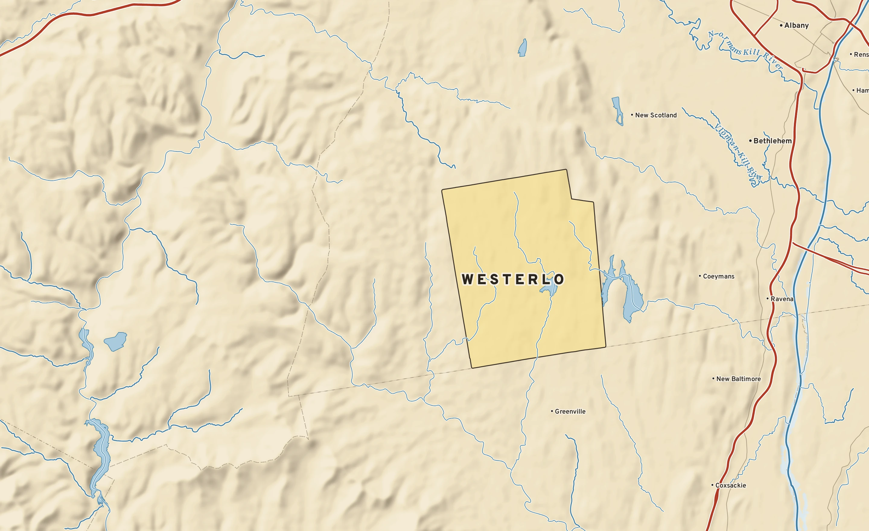 Shaded-relief atlas plate of Westerlo, New York: rivers, roads, the city limits and where the water drains.