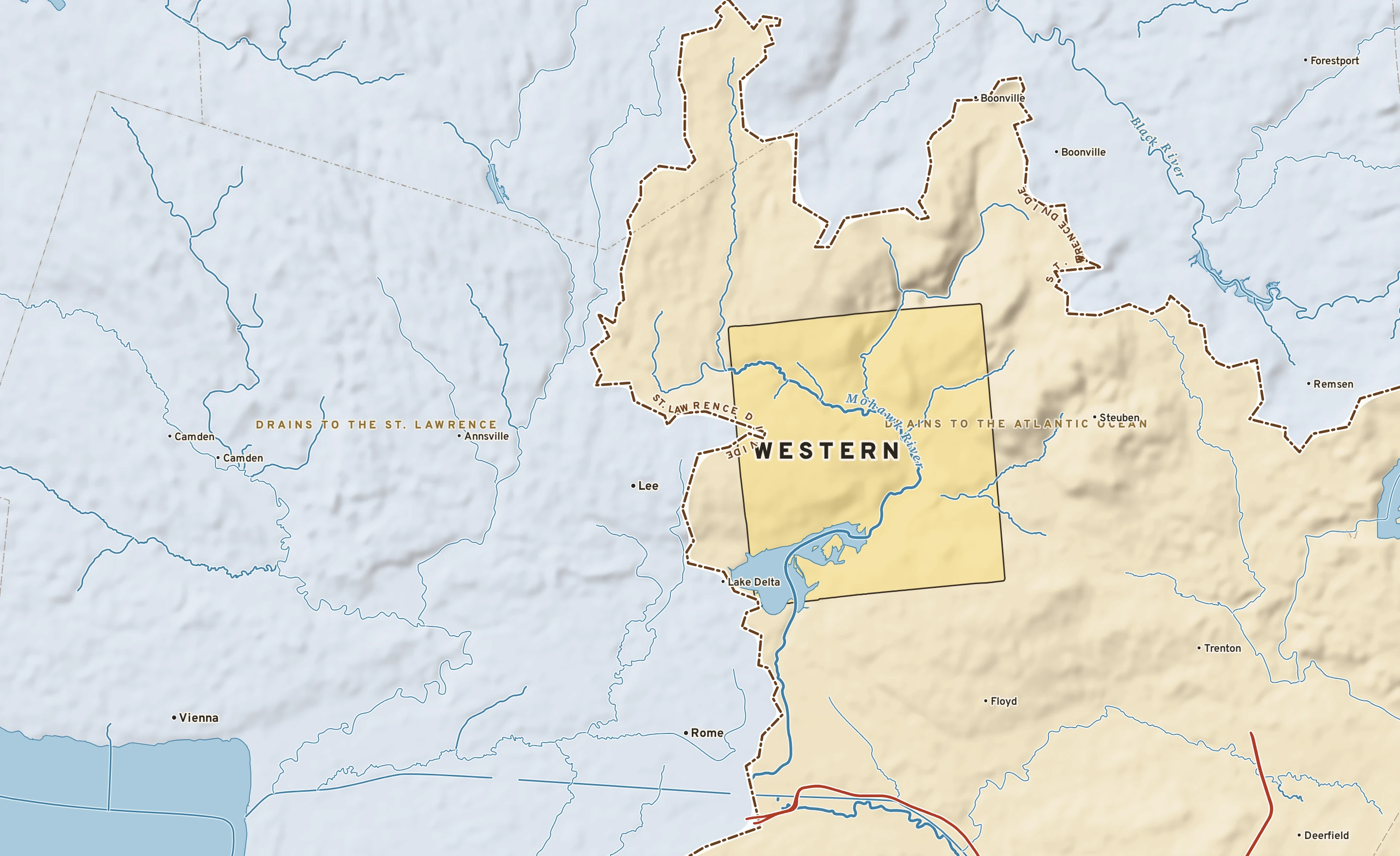 Shaded-relief atlas plate of Western, New York: rivers, roads, the city limits and where the water drains.