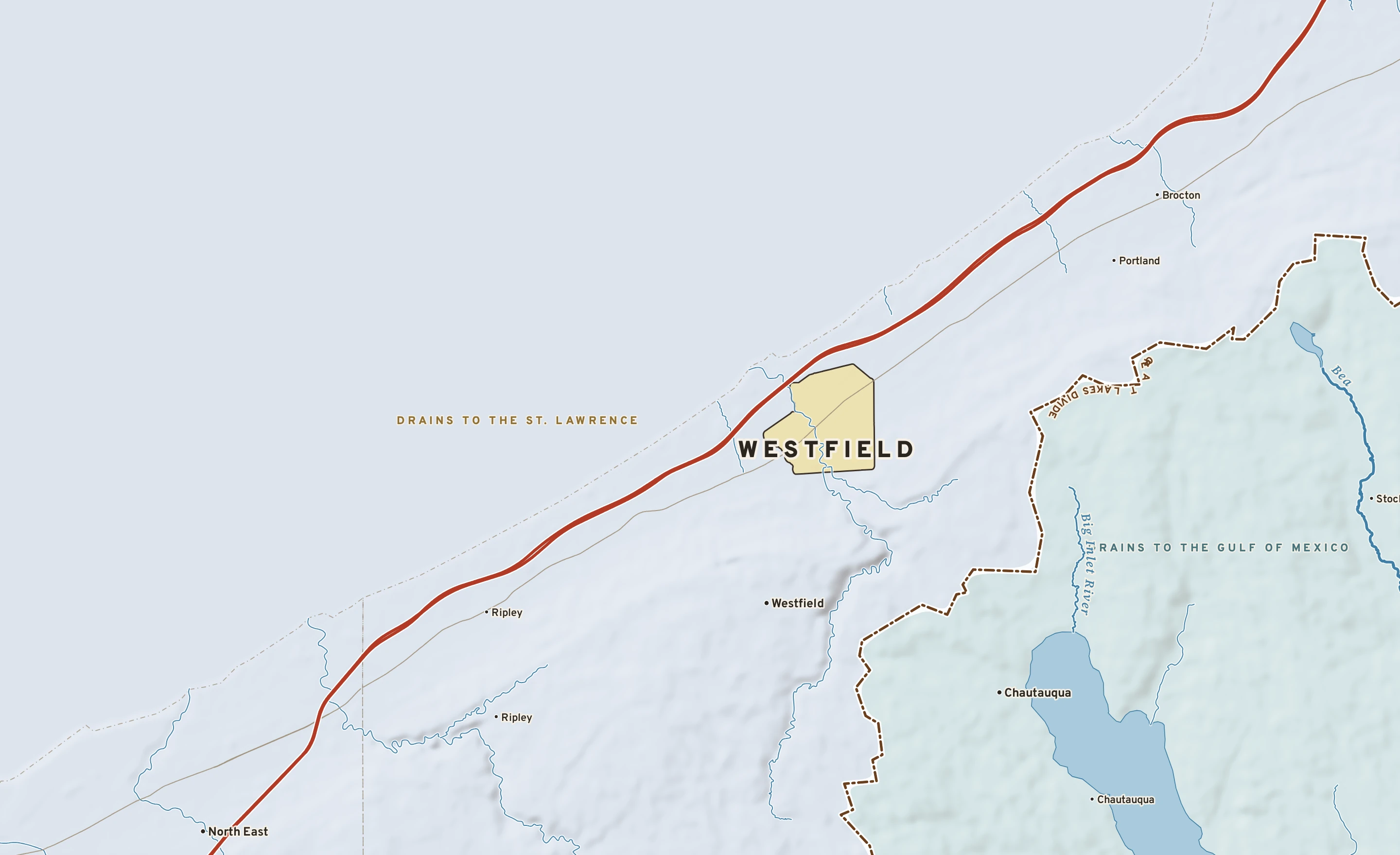 Shaded-relief atlas plate of Westfield, New York: rivers, roads, the city limits and where the water drains.