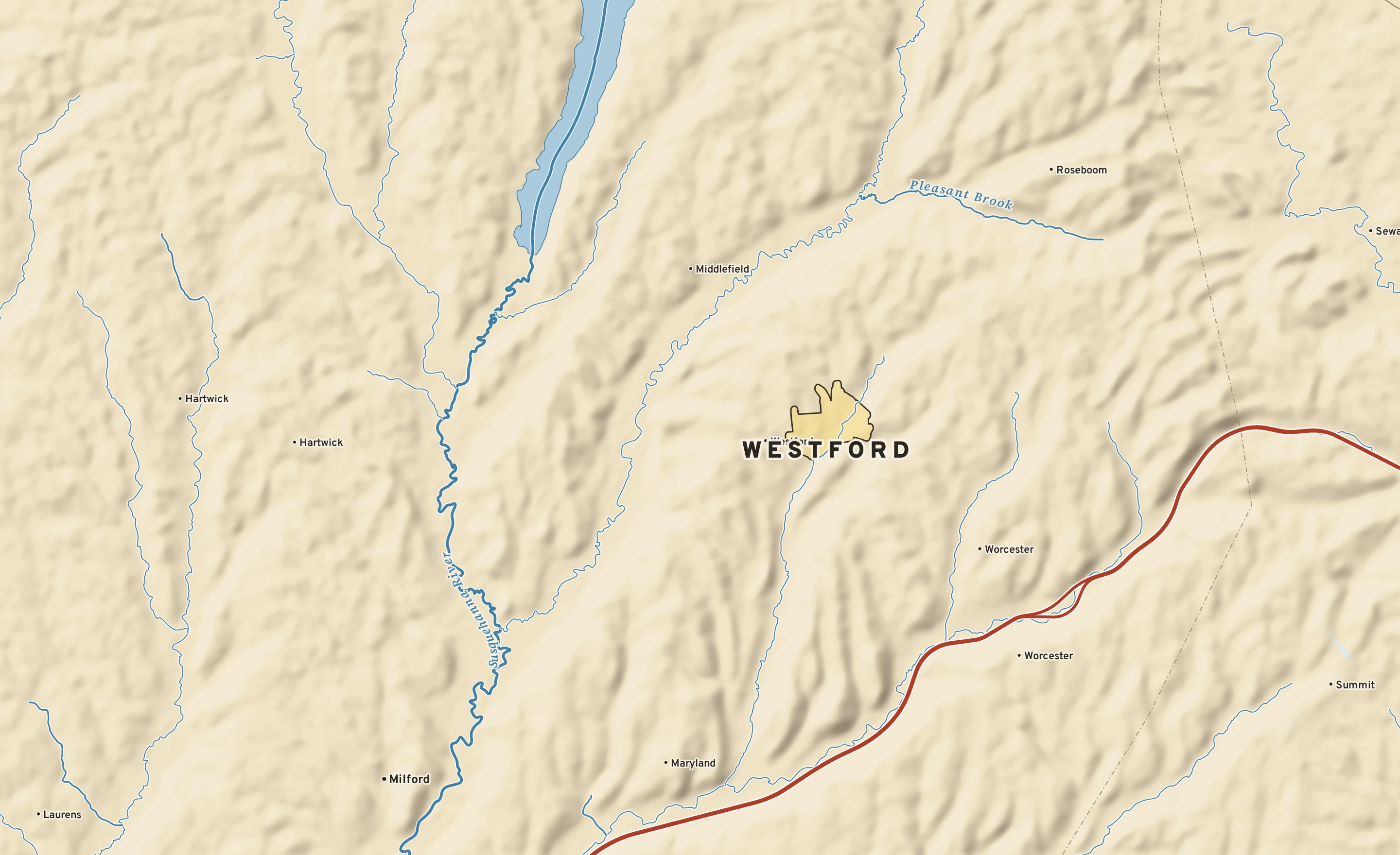 Shaded-relief atlas plate of Westford, New York: rivers, roads, the city limits and where the water drains.