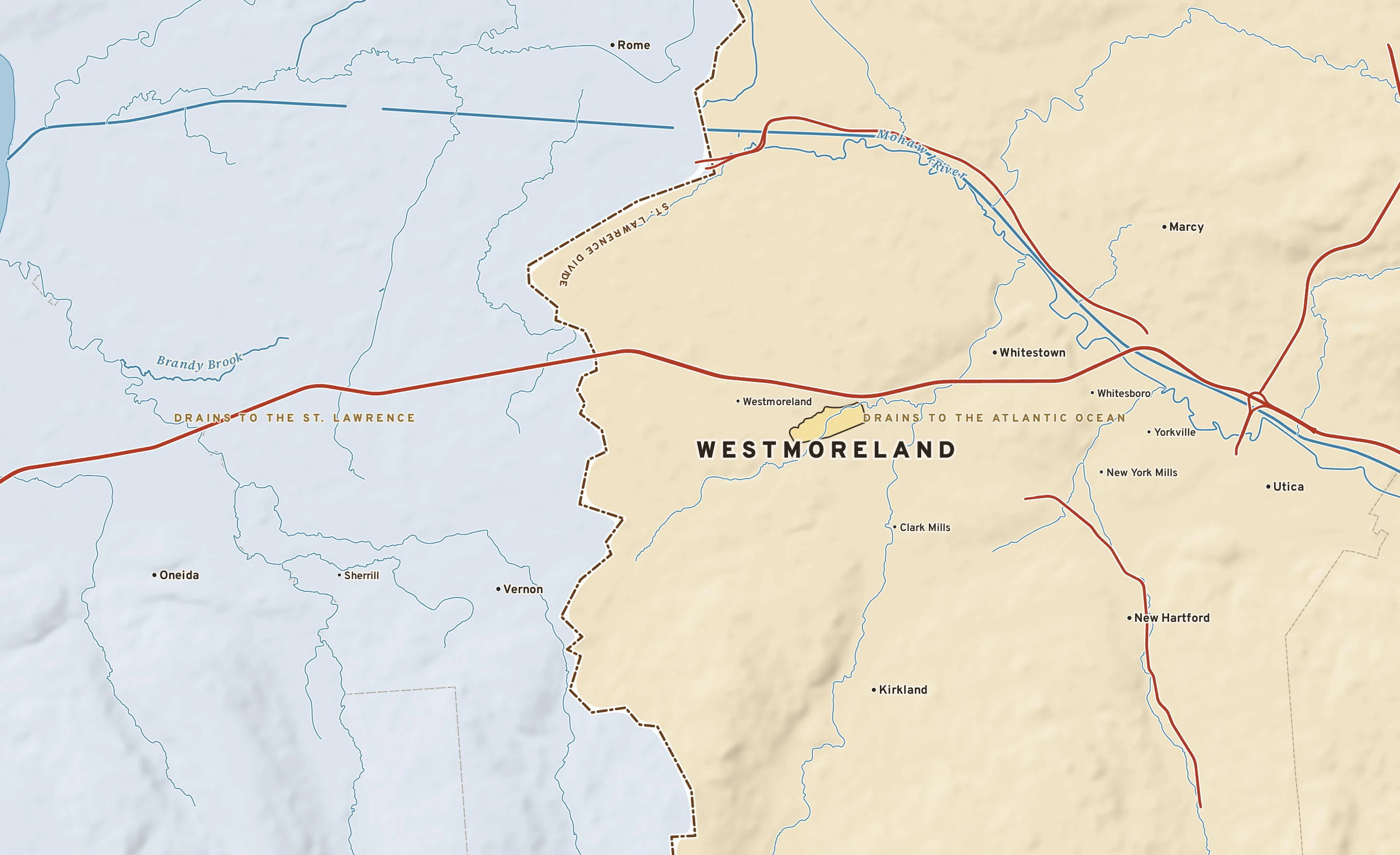 Shaded-relief atlas plate of Westmoreland, New York: rivers, roads, the city limits and where the water drains.