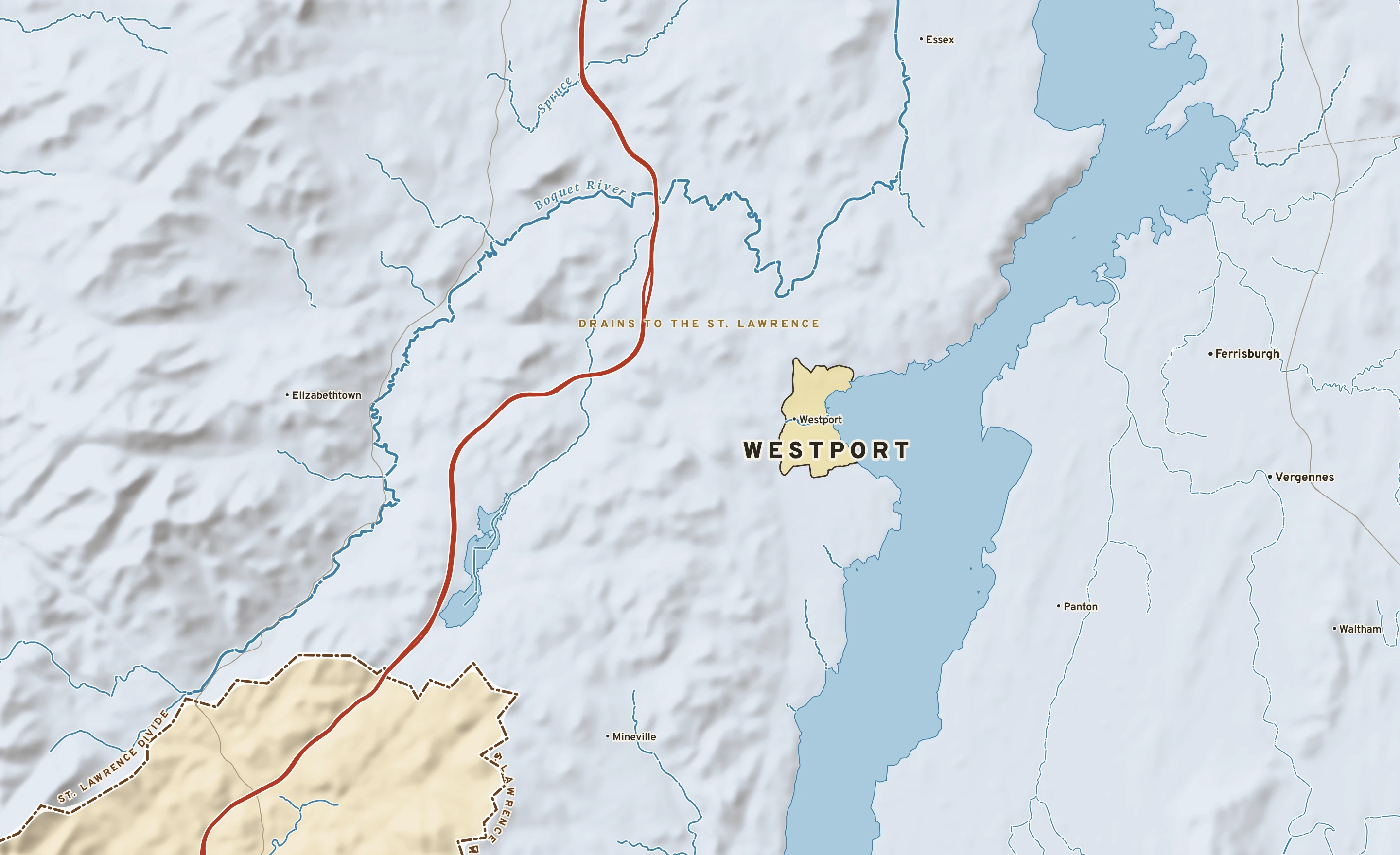 Shaded-relief atlas plate of Westport, New York: rivers, roads, the city limits and where the water drains.