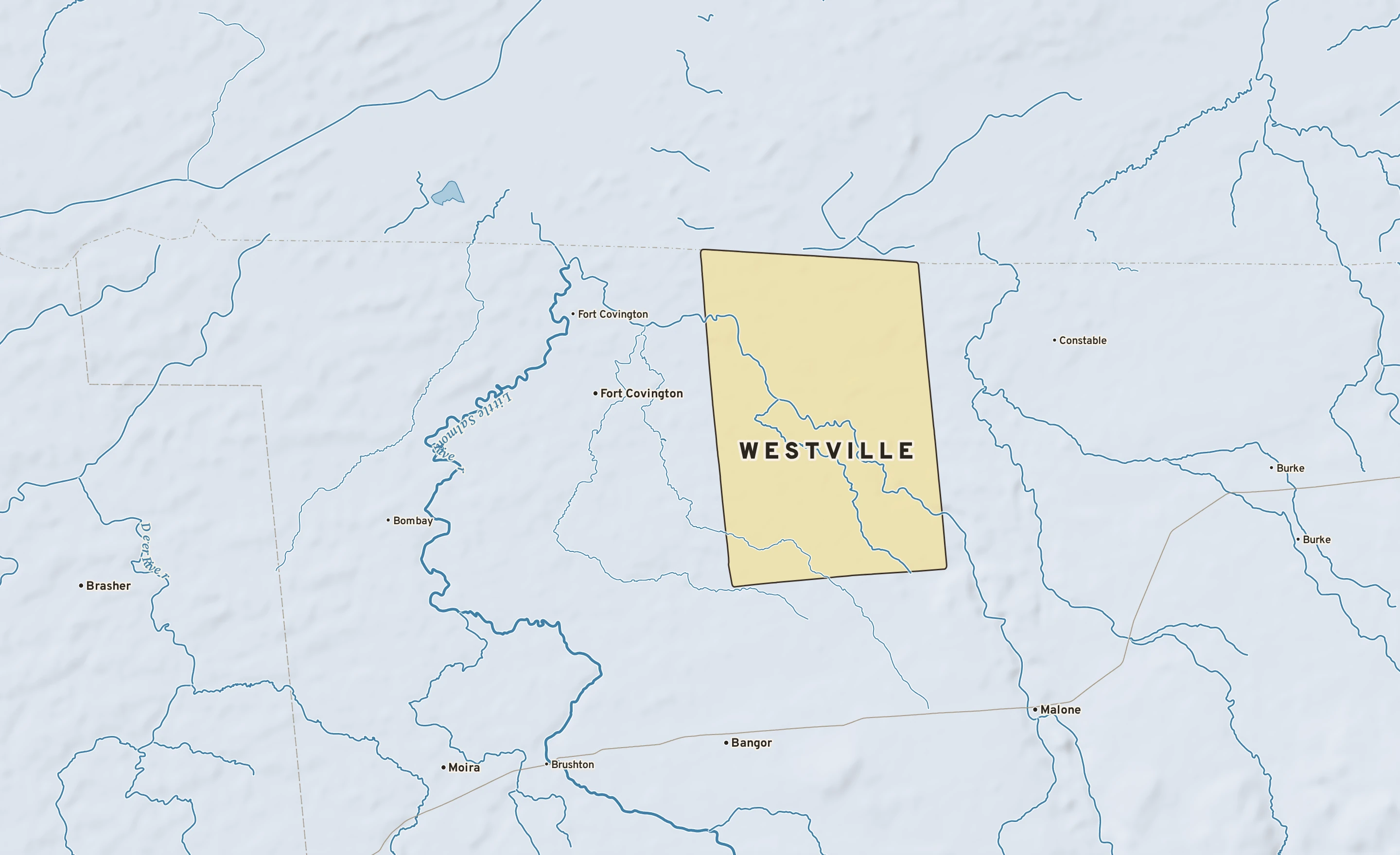Shaded-relief atlas plate of Westville, New York: rivers, roads, the city limits and where the water drains.