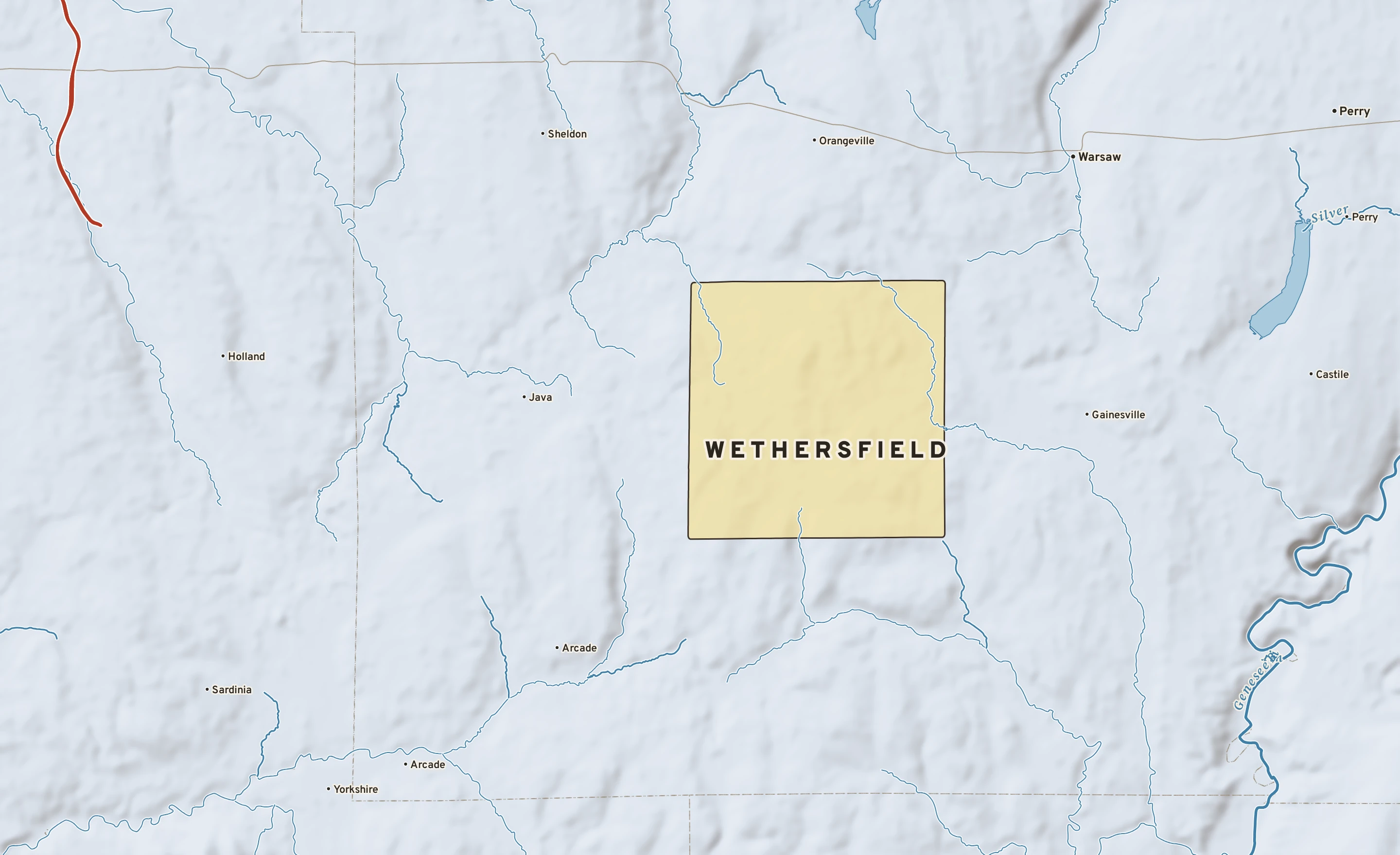 Shaded-relief atlas plate of Wethersfield, New York: rivers, roads, the city limits and where the water drains.