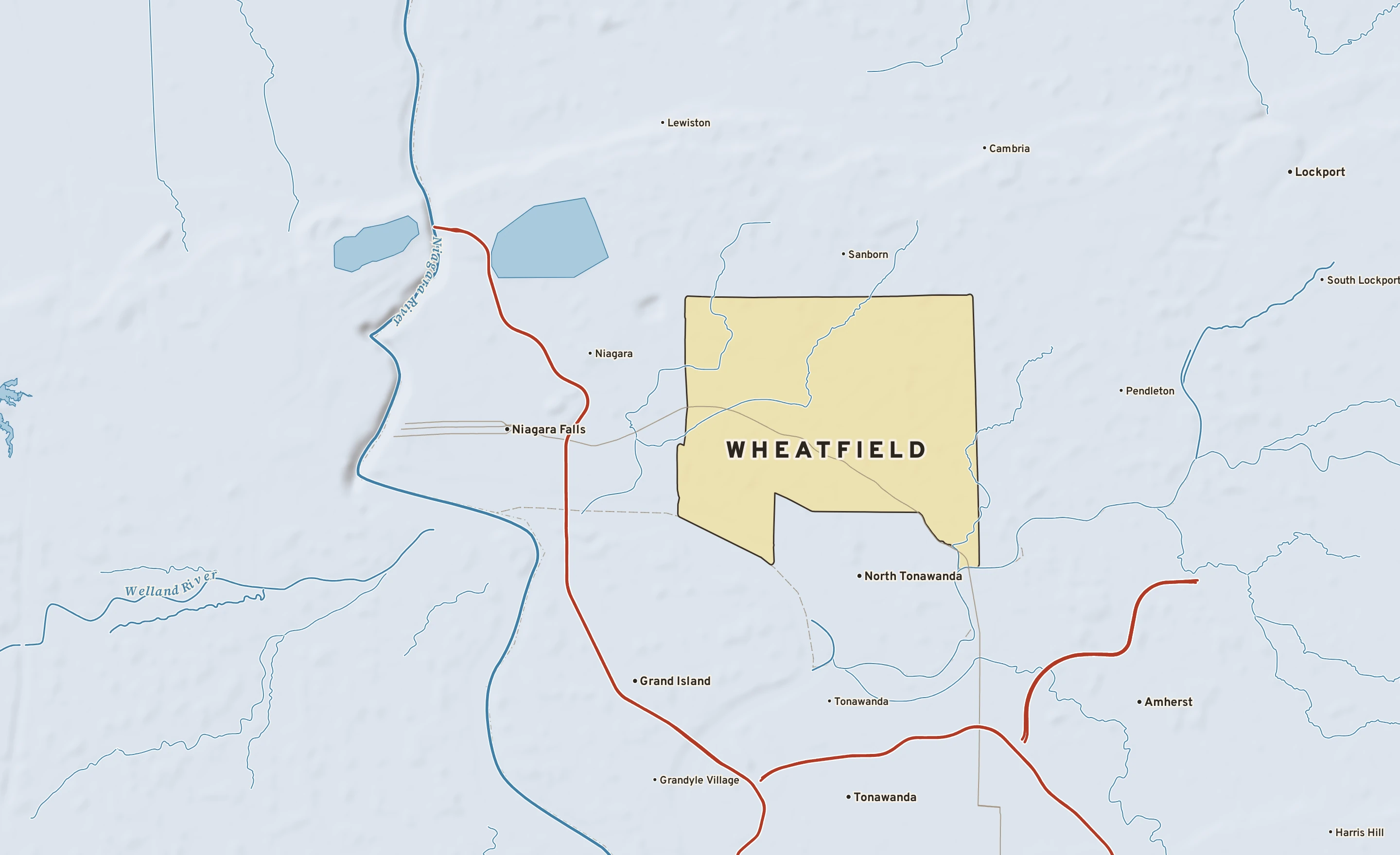 Shaded-relief atlas plate of Wheatfield, New York: rivers, roads, the city limits and where the water drains.